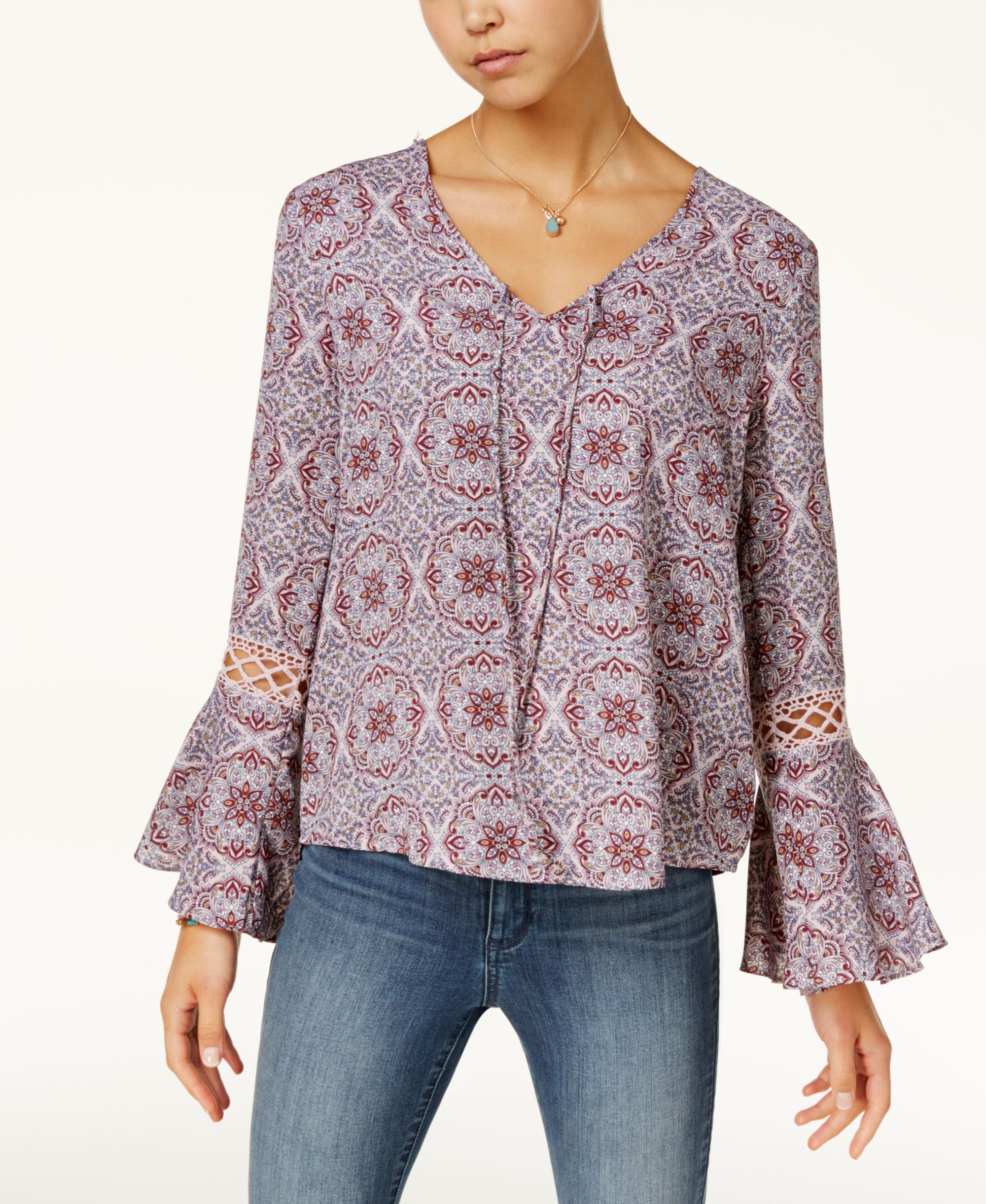 Hippie Rose Juniors Printed Crochet Bell Sleeve Top
