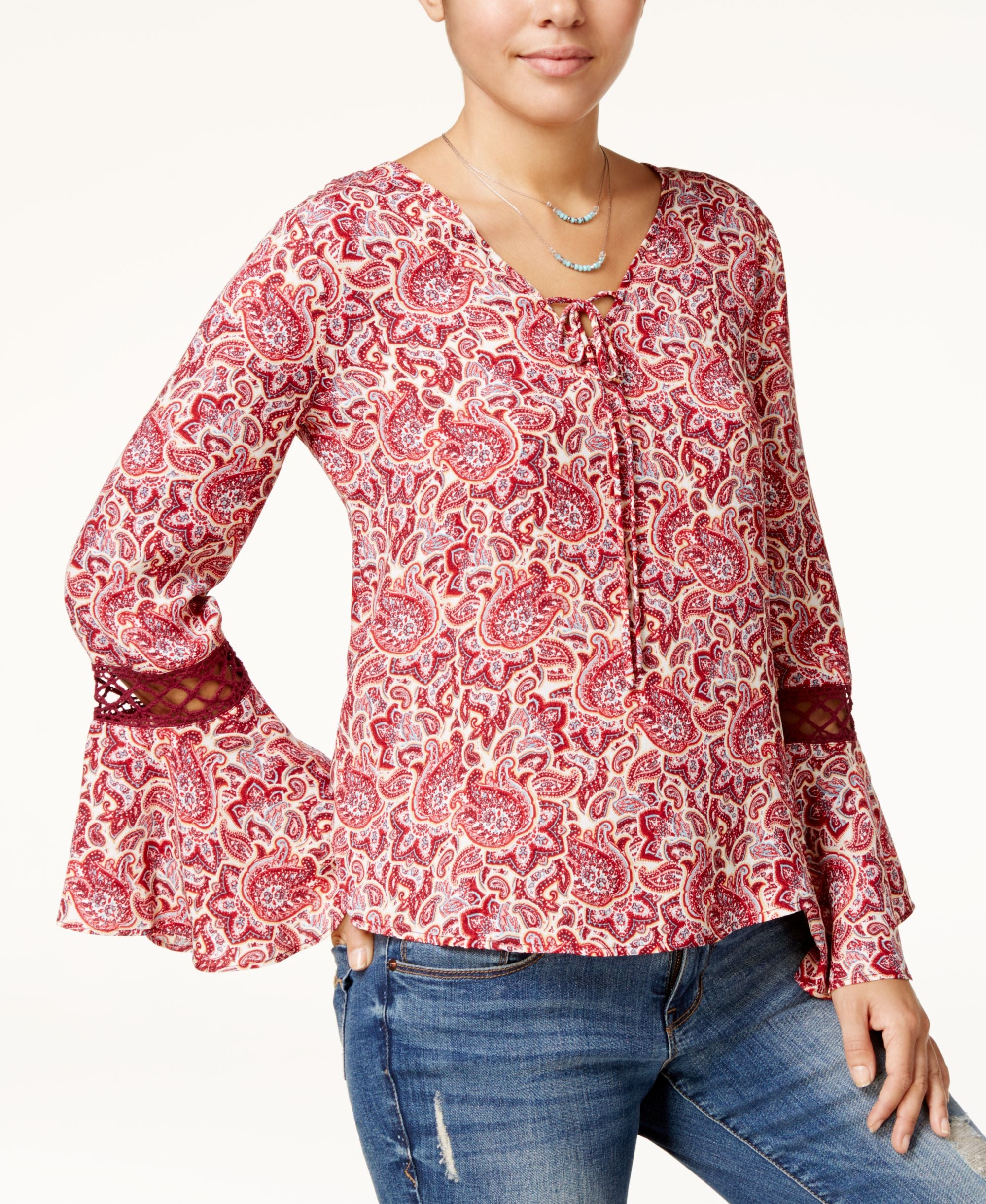 Hippie Rose Juniors Printed Crochet Bell Sleeve Top
