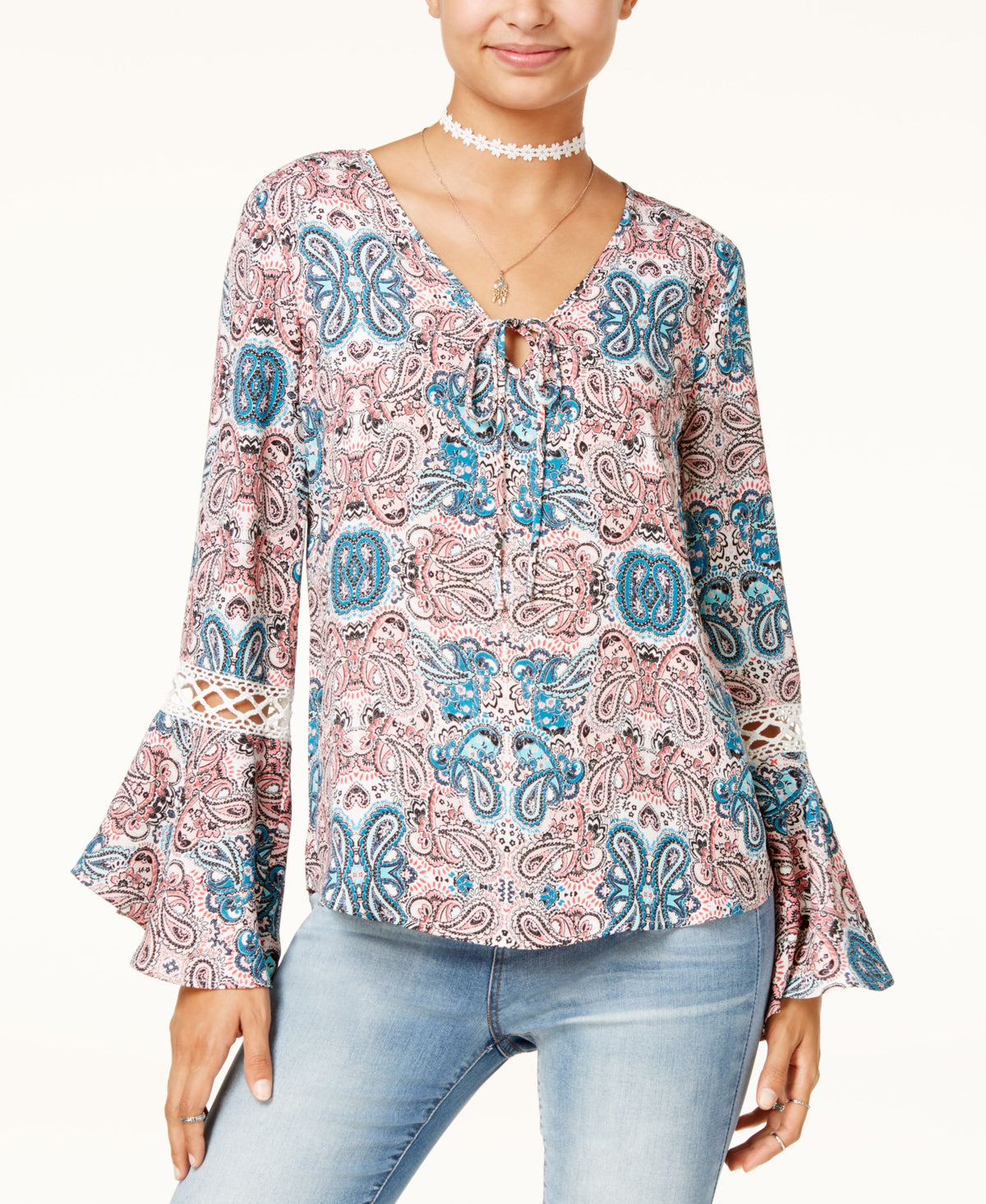Hippie Rose Juniors Printed Crochet Bell Sleeve Top