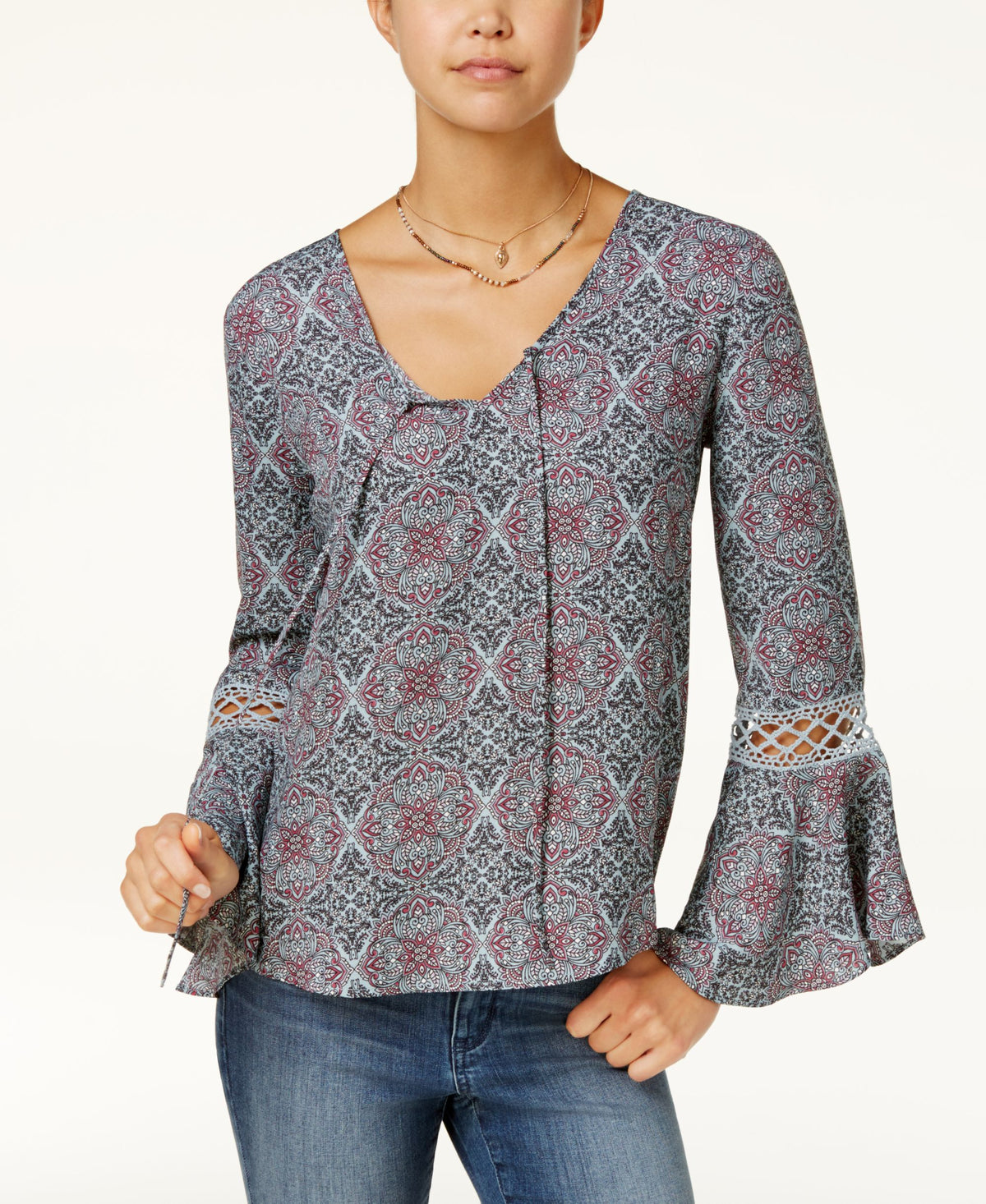 Hippie Rose Juniors Printed Crochet Bell Sleeve Top
