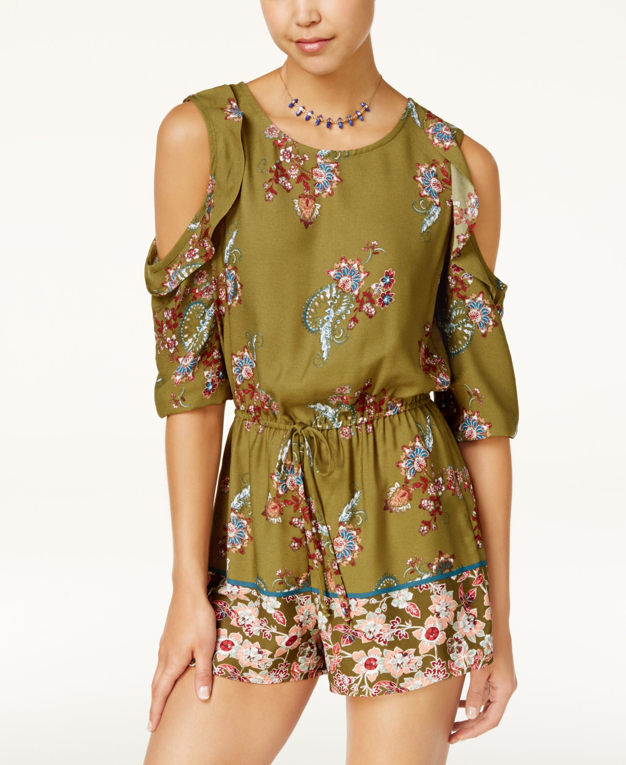 Be Bop Juniors Printed Ruffle Cold Shoulder Romper