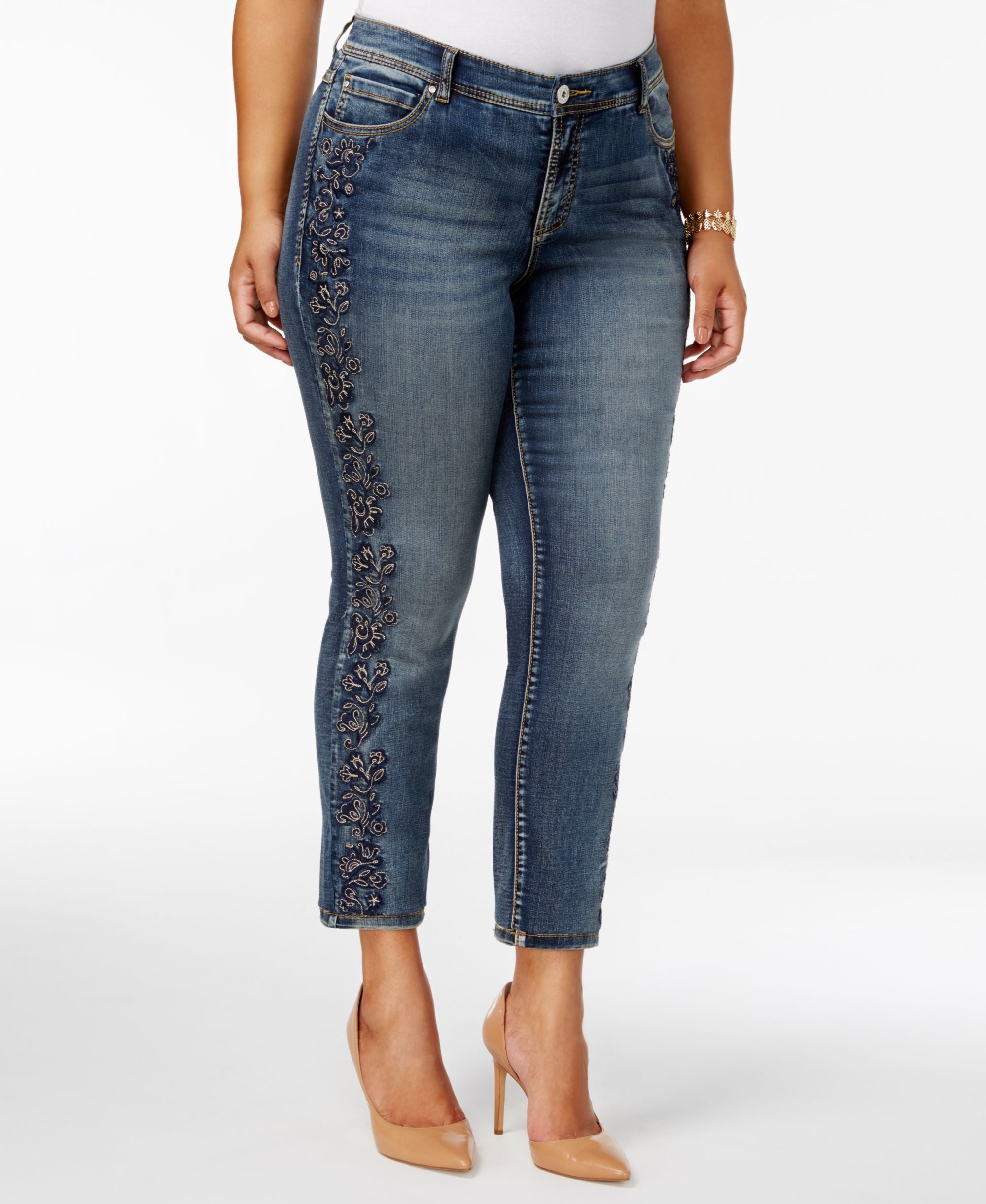 Plus Size Tummy Control Embroidered Skinny Jeans