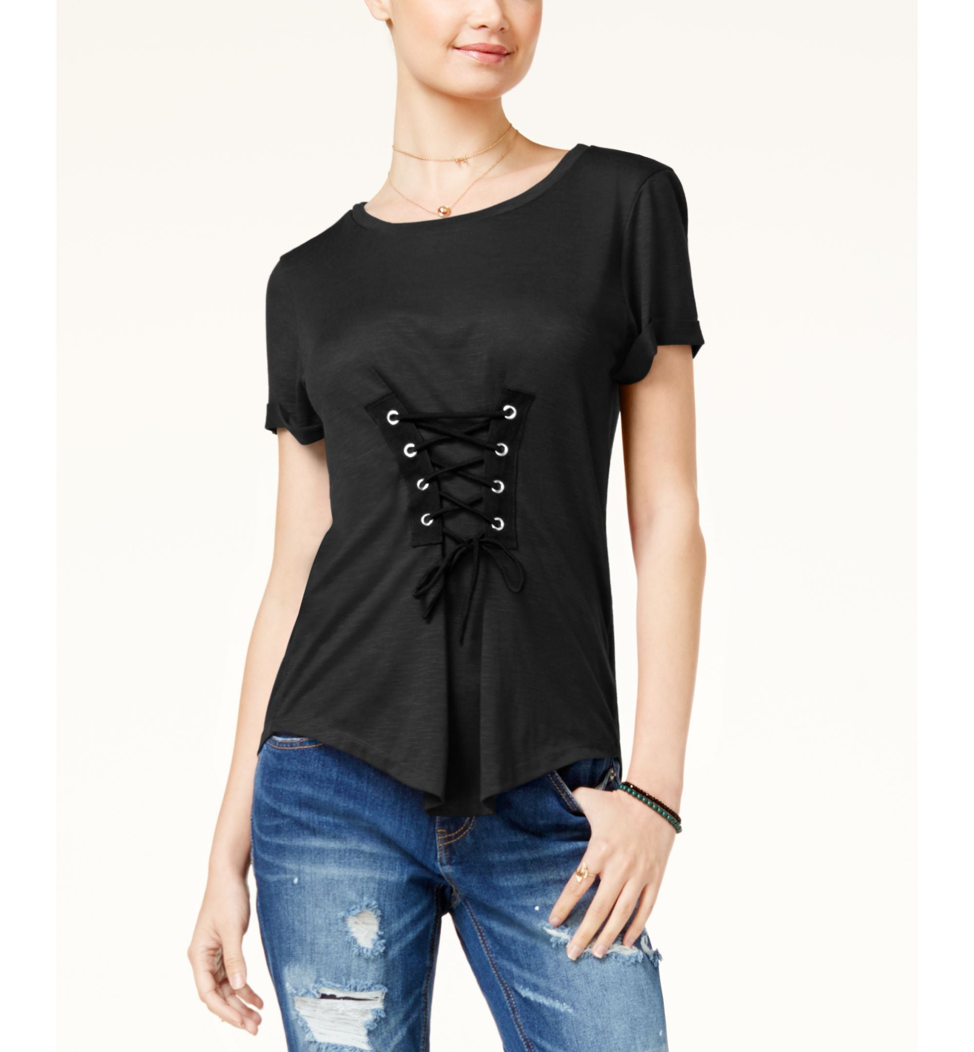 Almost Famous Juniors Corset Front High Low T-Shirt