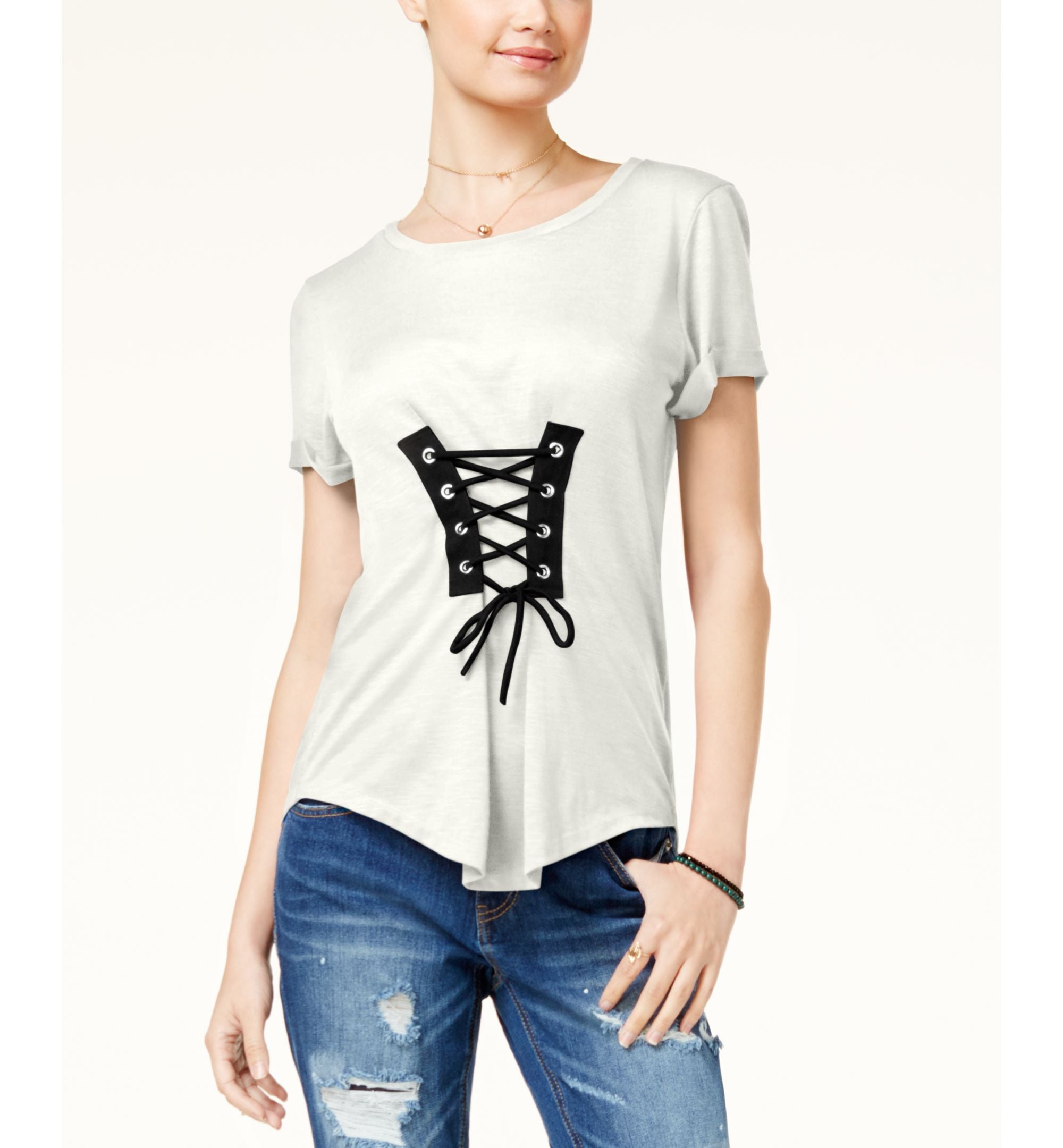 Almost Famous Juniors Corset Front High Low T-Shirt