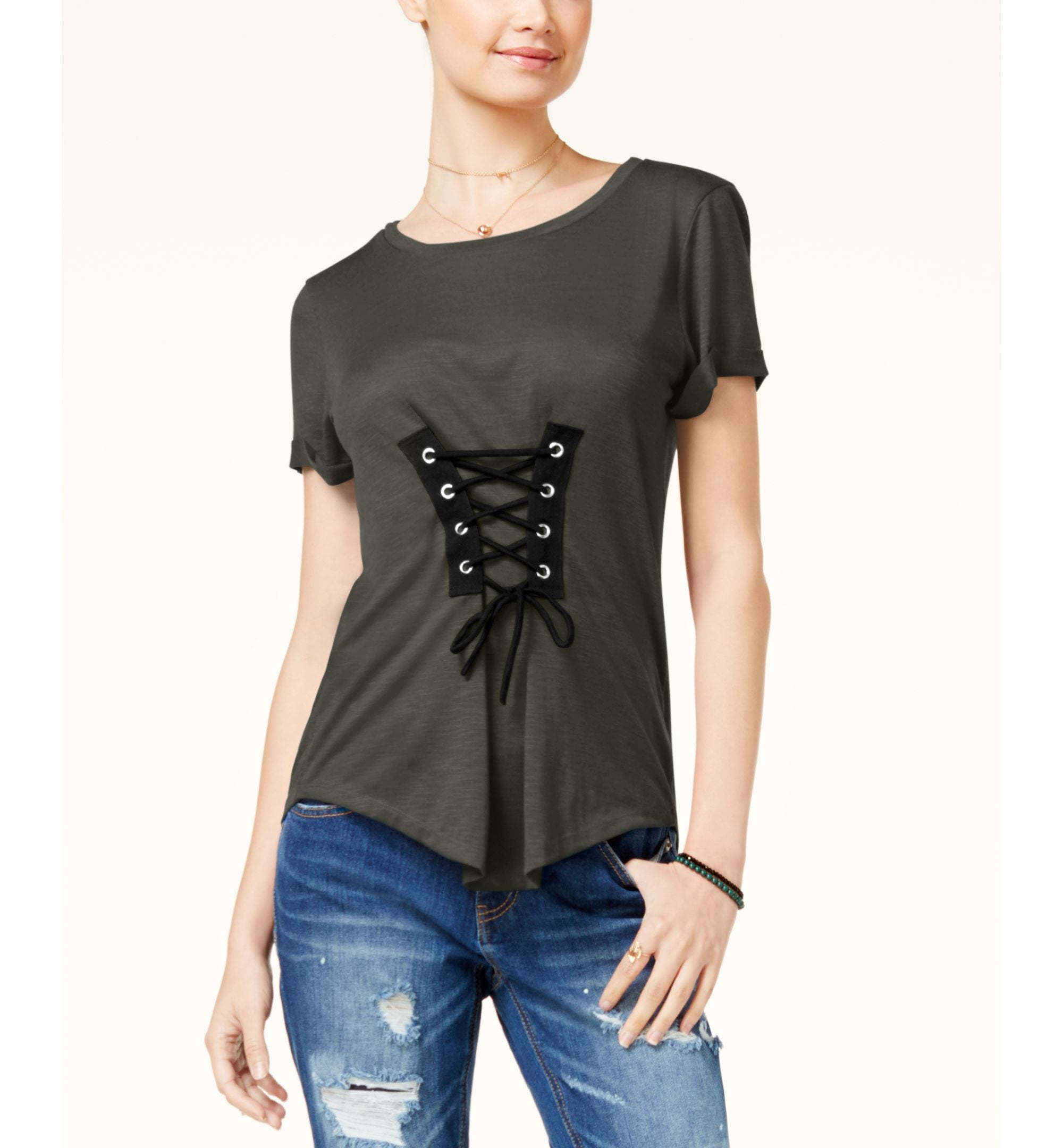 Almost Famous Juniors Corset Front High Low T-Shirt
