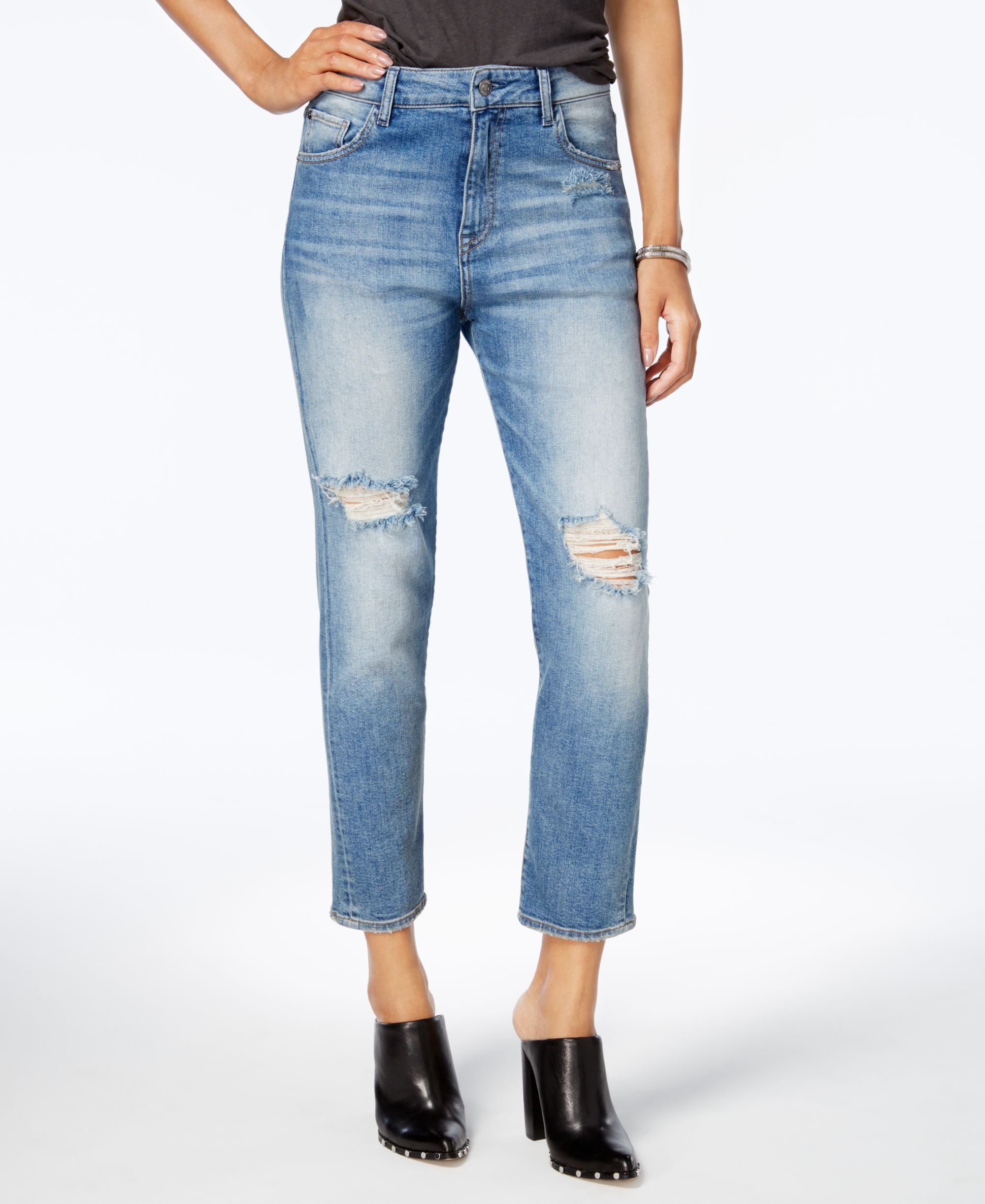 M1858 Claudia High Rise Straight Crop Jeans With Knee Rips