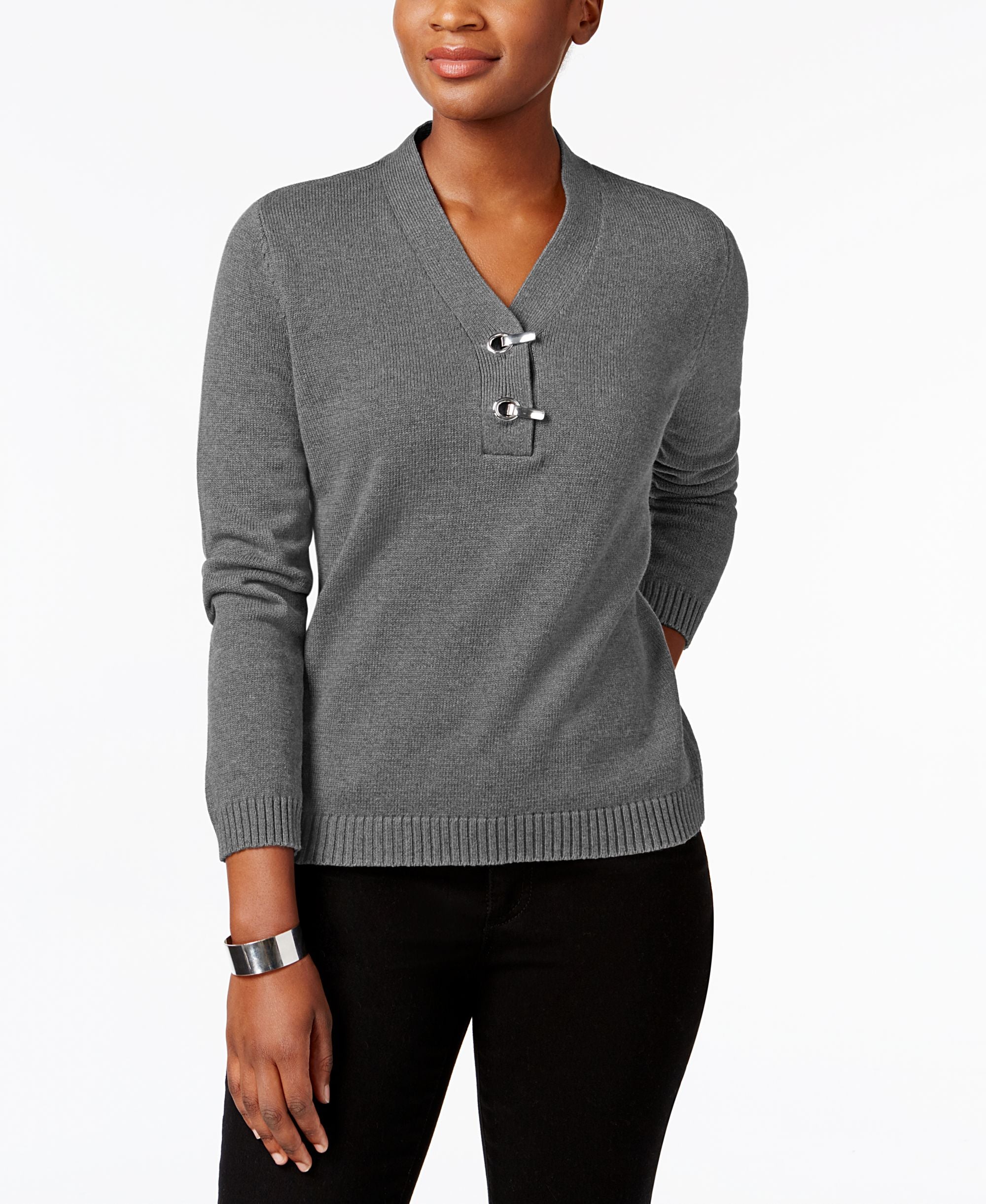 Metallic-Hardware Cotton Sweater