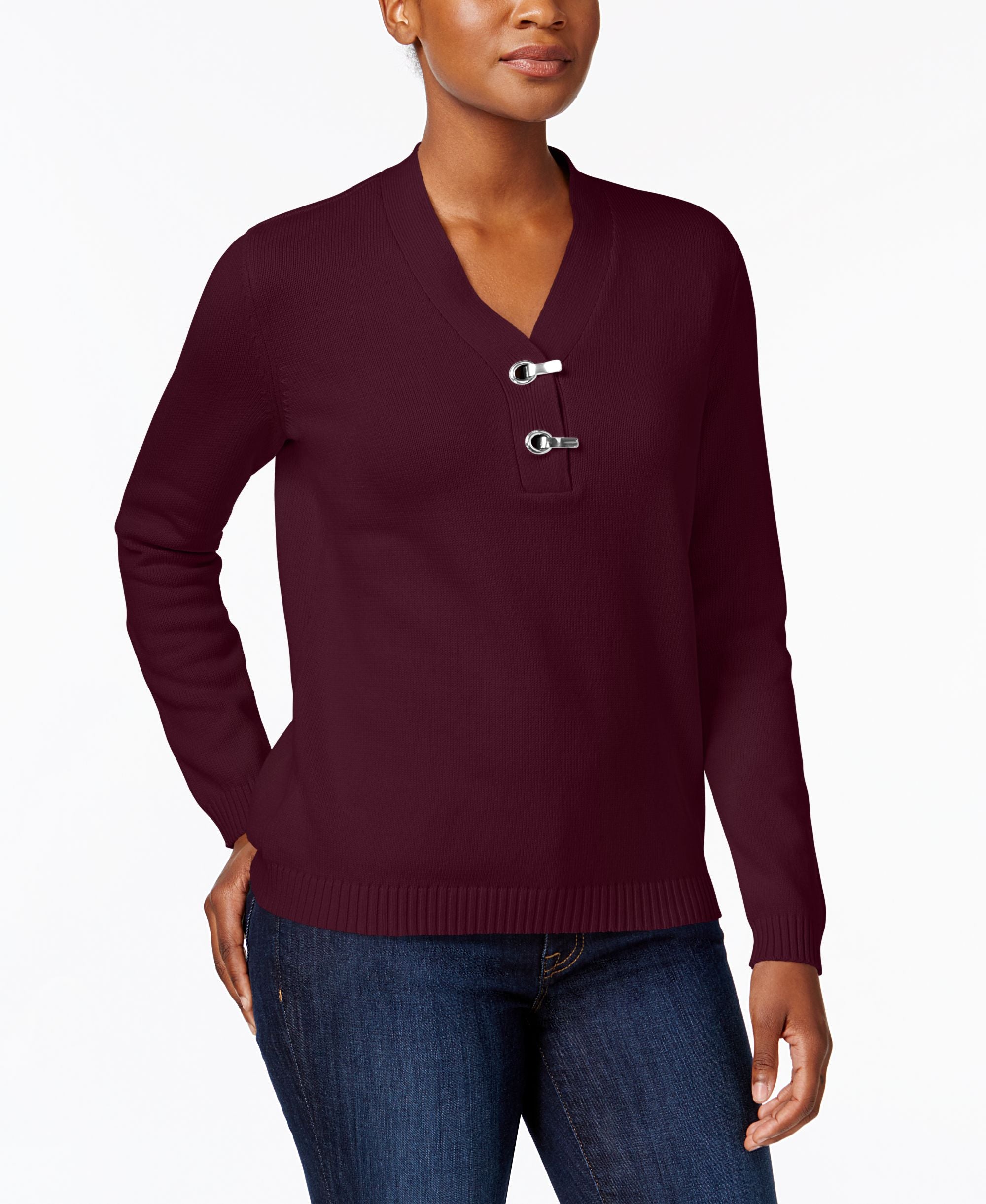 Metallic-Hardware Cotton Sweater