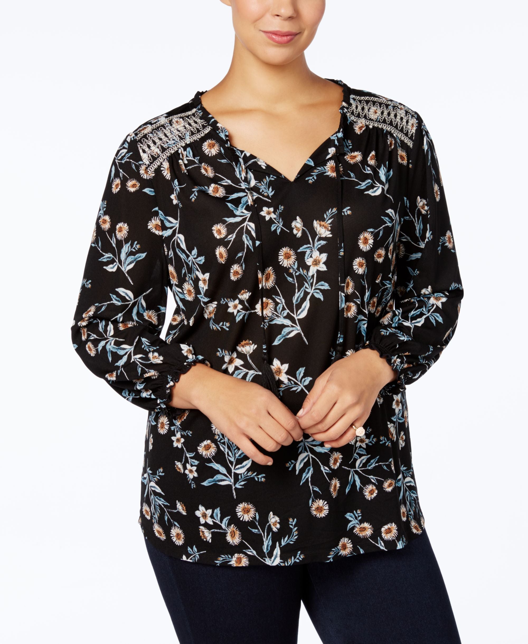 Style & Co Plus Size Embroidered Yoke Peasant Top