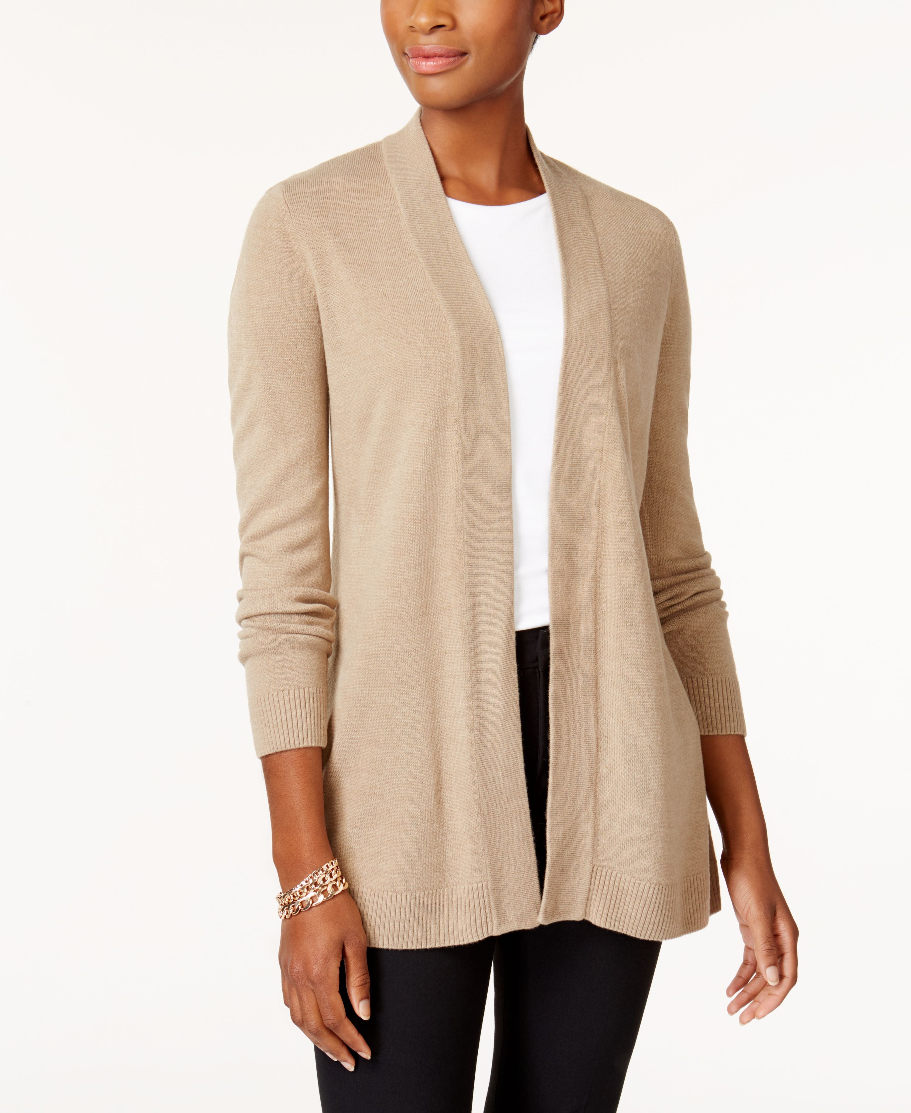 Karen Scott Women's Open-front Long-sleeve Cardigan Chestnut Heather L