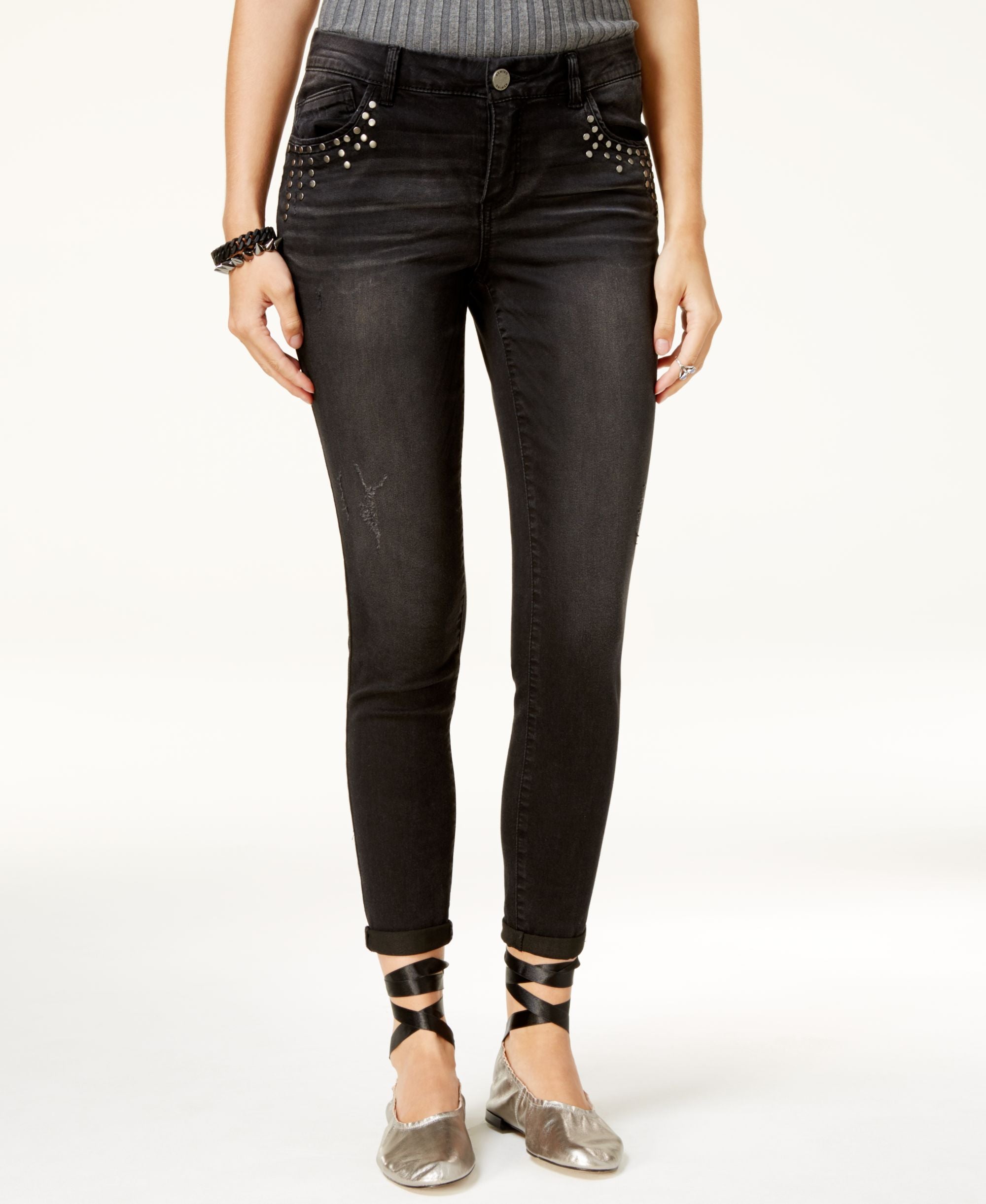 Rewind Juniors Cuffed Studded Skinny Jeans