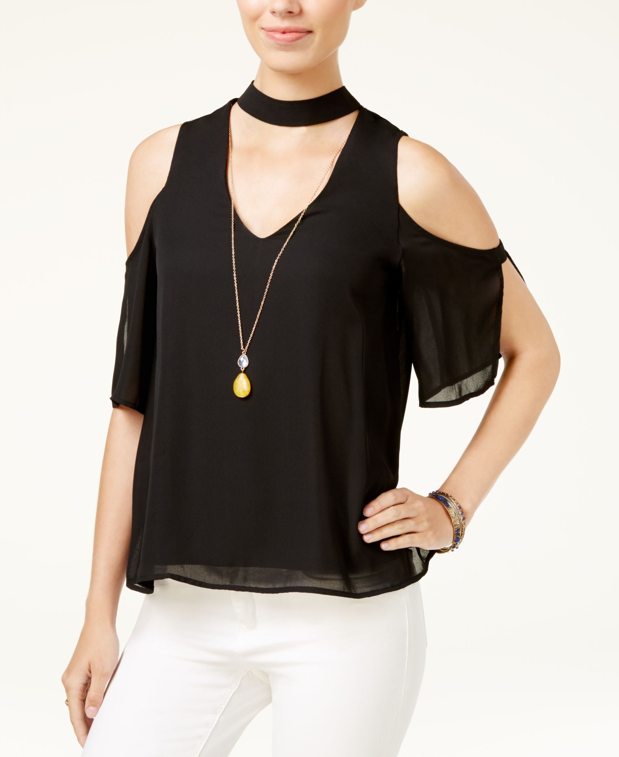 Lily Black Juniors Cold Shoulder Choker Top