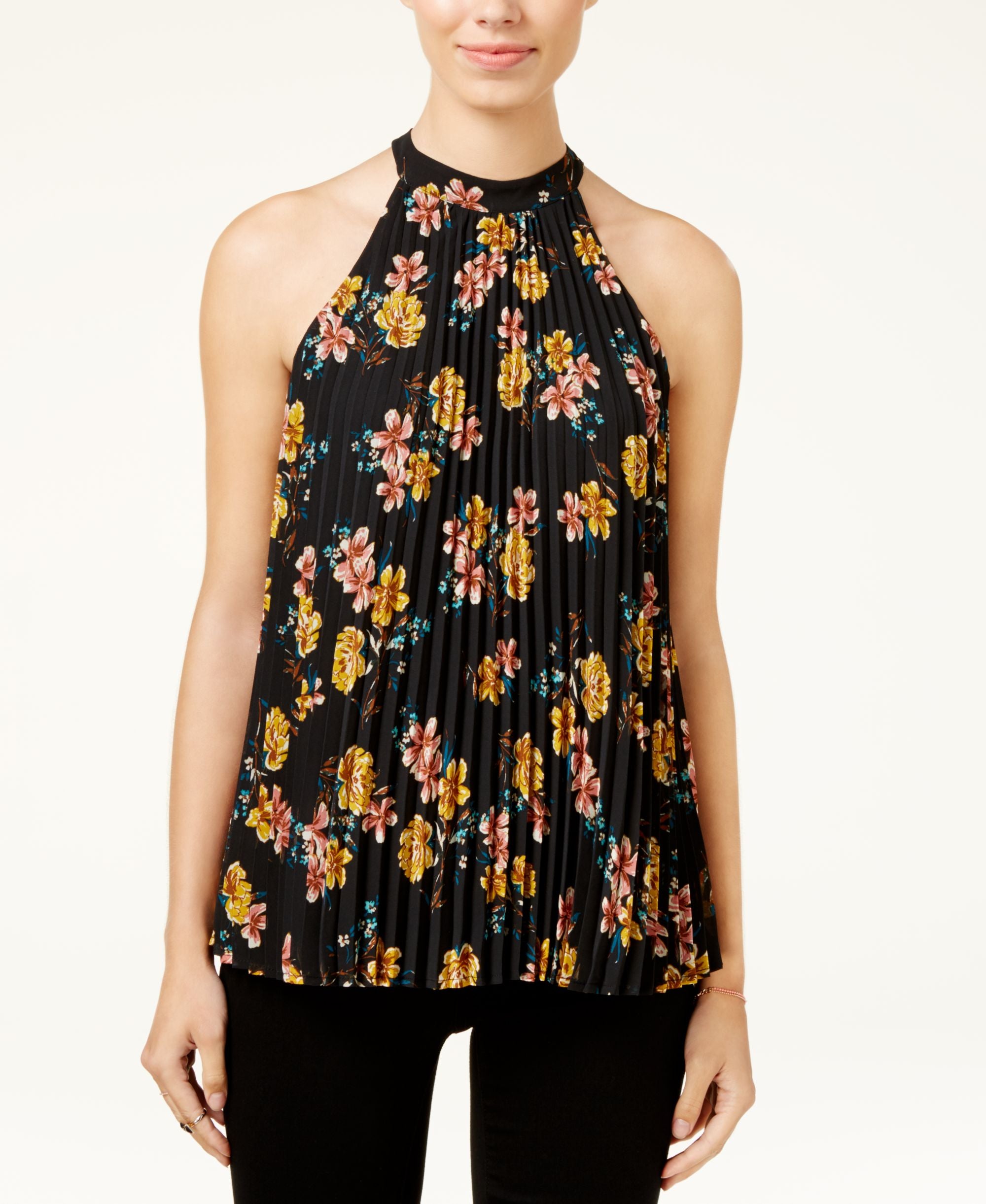 Lily Black Juniors Printed Pleated Mock Neck Top