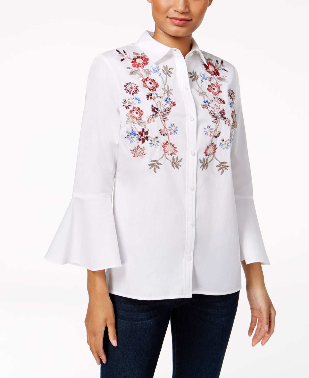Charter Club Cotton Embroidered Bell Sleeve Shirt