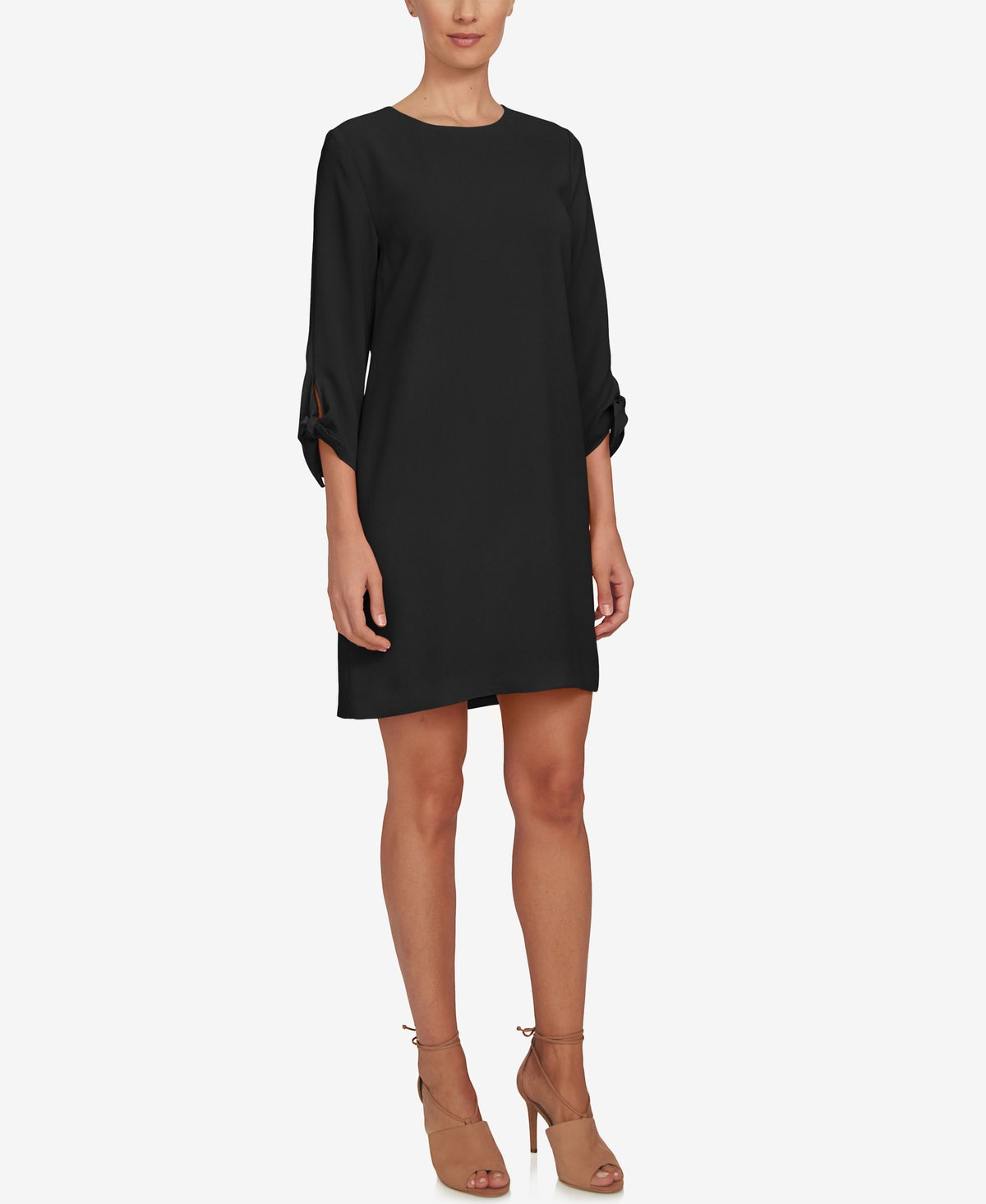 Women's Elbow Tie-Sleeve Crew Neck Shift Dress