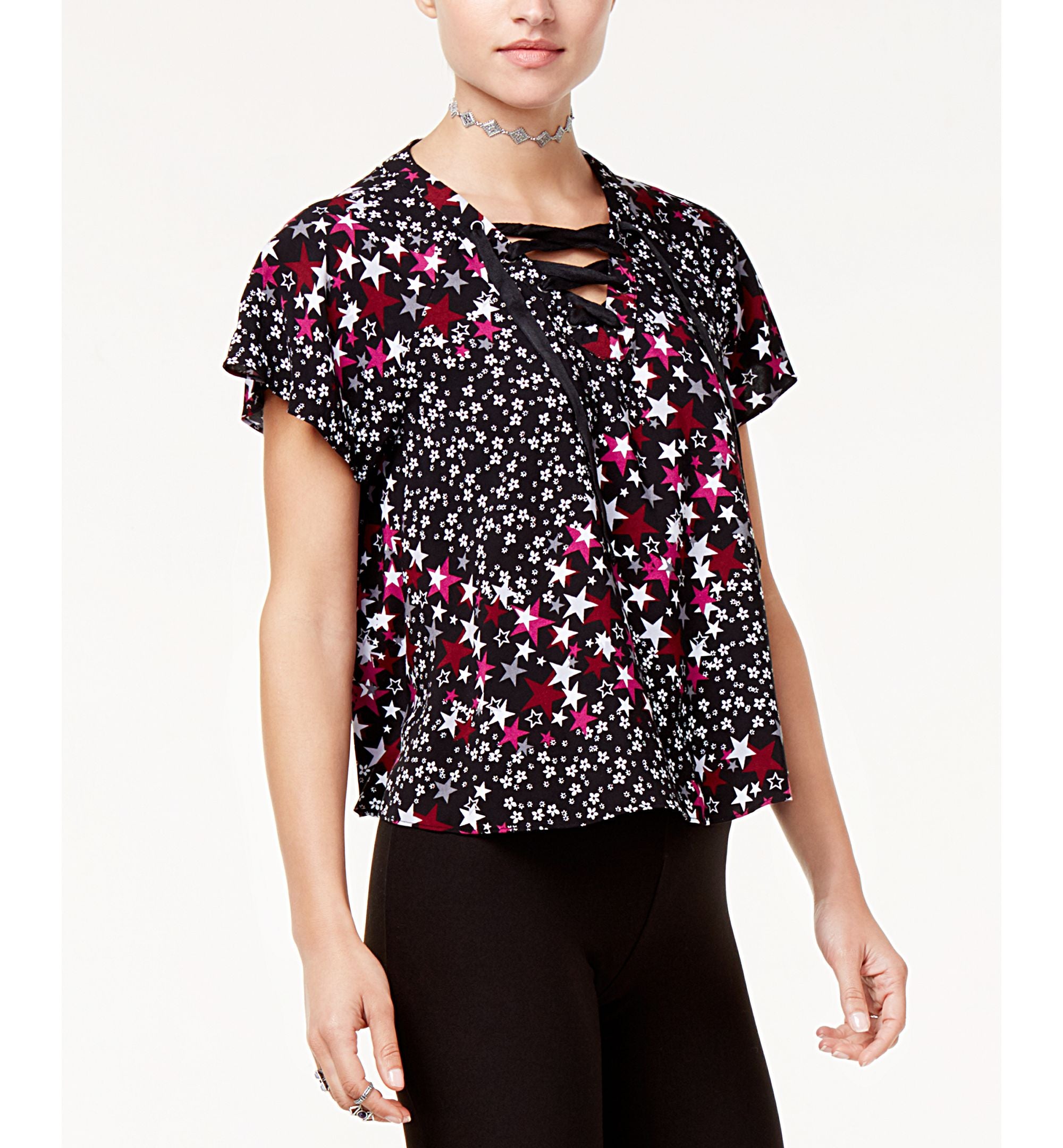 The Edit By Seventeen Juniors Star Print Lace Up Top