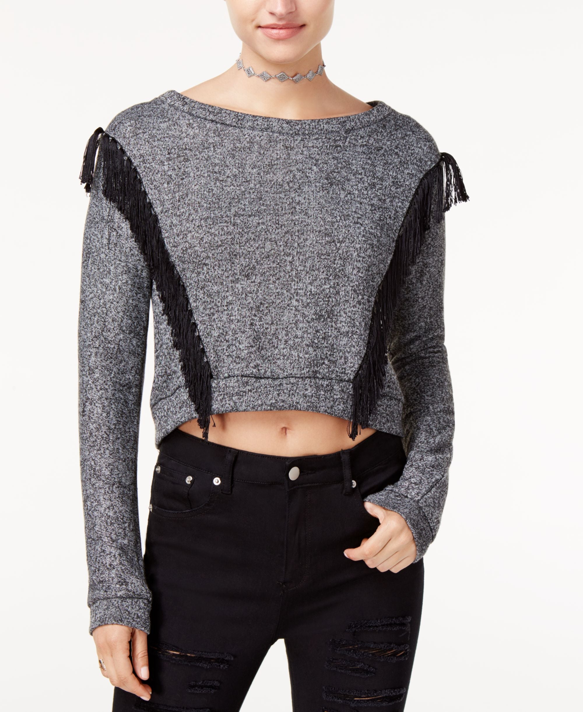 The Edit By Seventeen Juniors Fringe Trim Marled Cropped Sweatshirt
