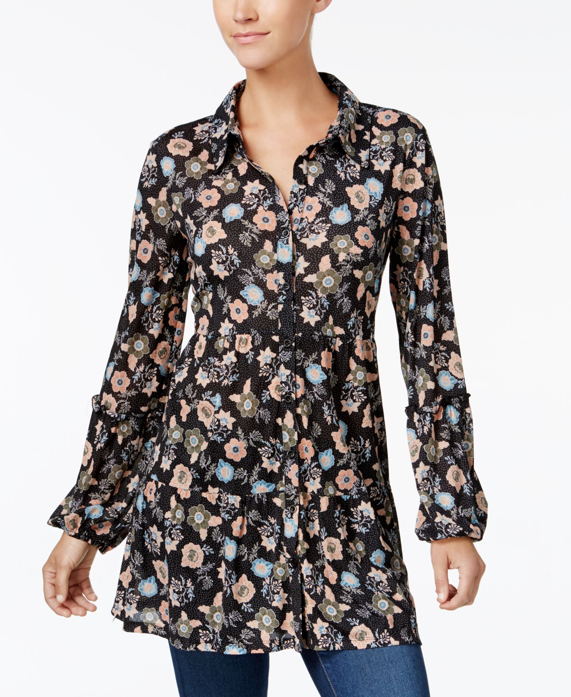 Style & Co Printed Button Front Flounce Shirt