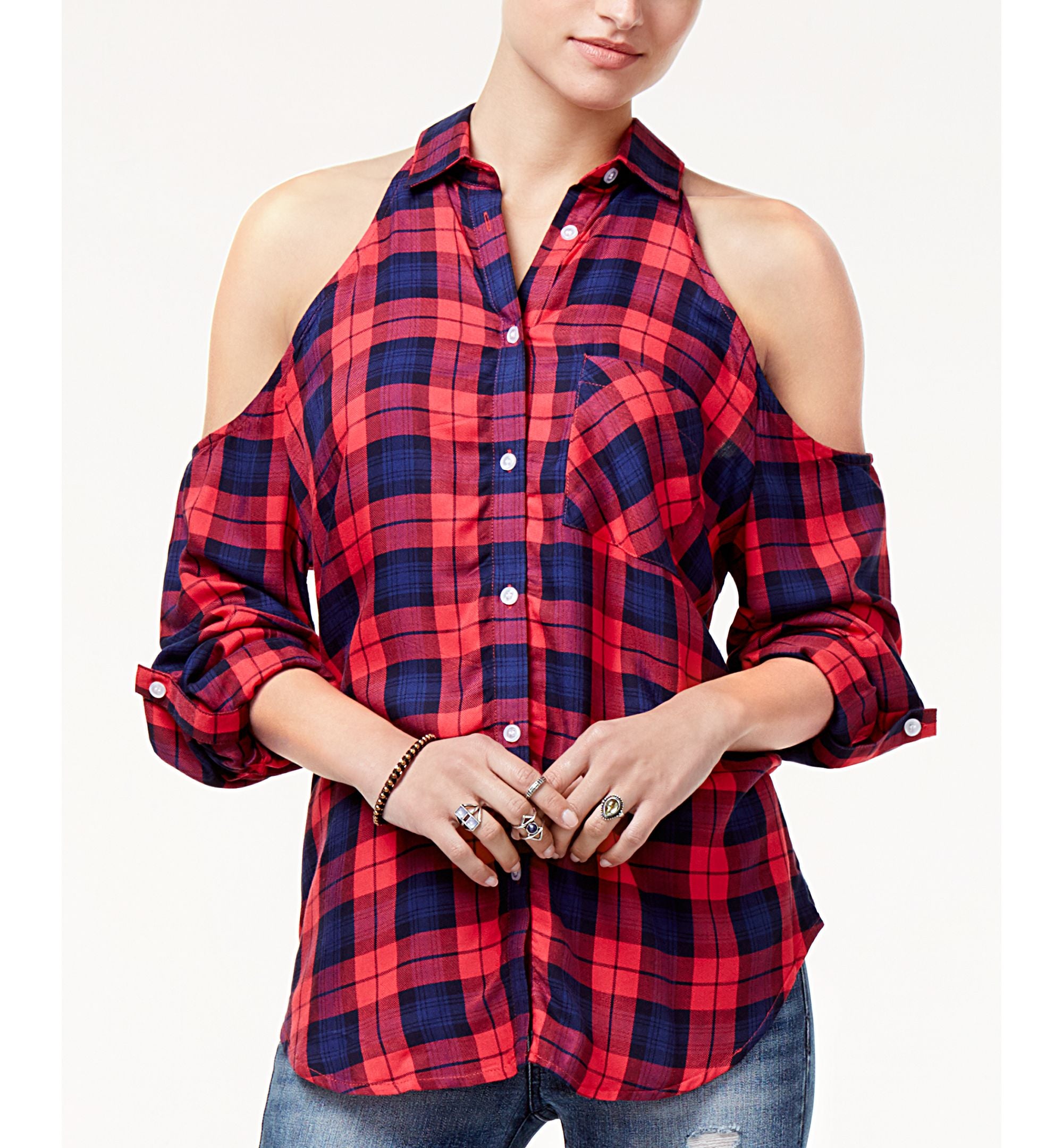 7 Sisters Juniors Cold Shoulder Plaid Shirt