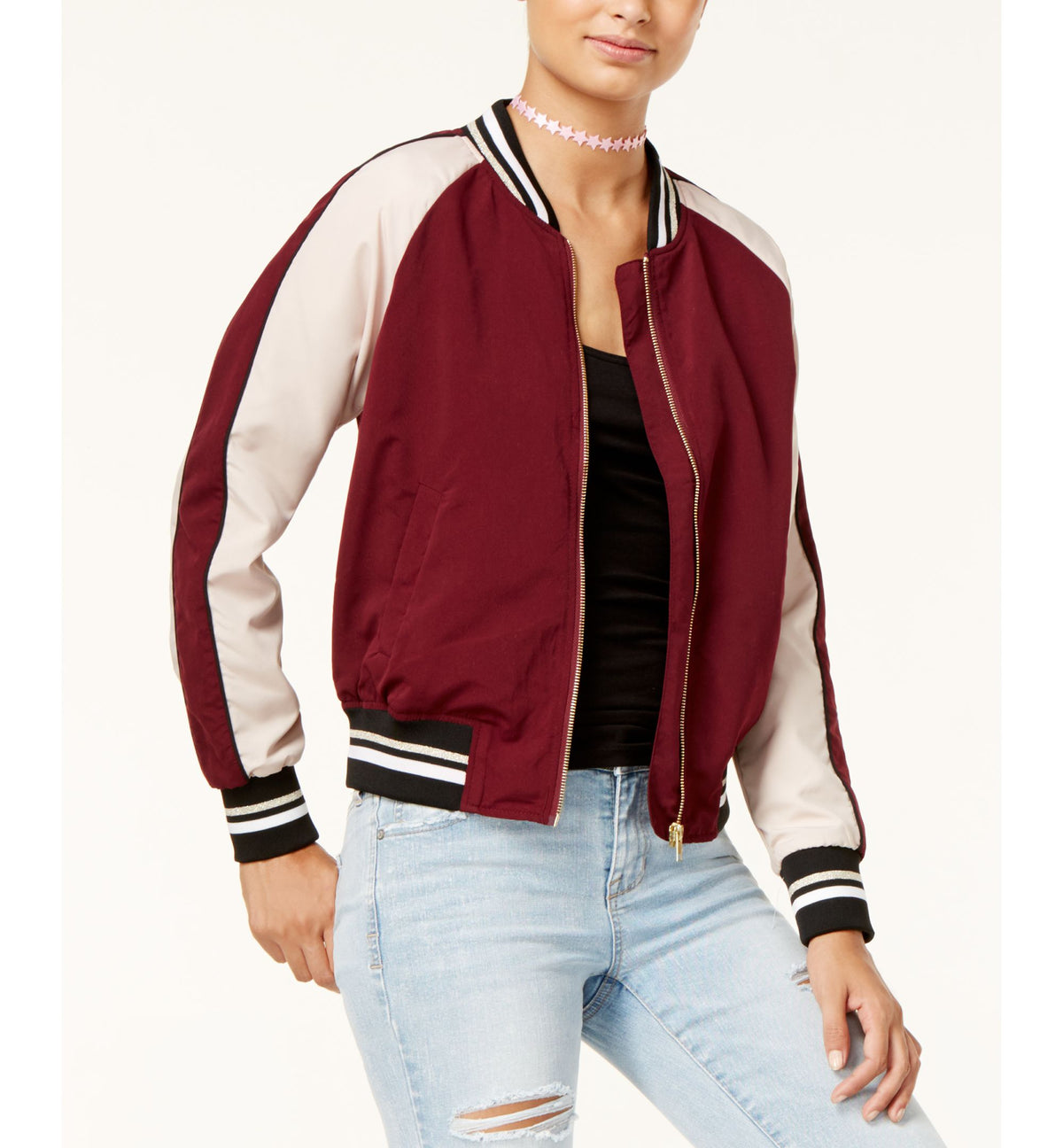 Hippie Rose Juniors Cropped Varsity Bomber Jacket