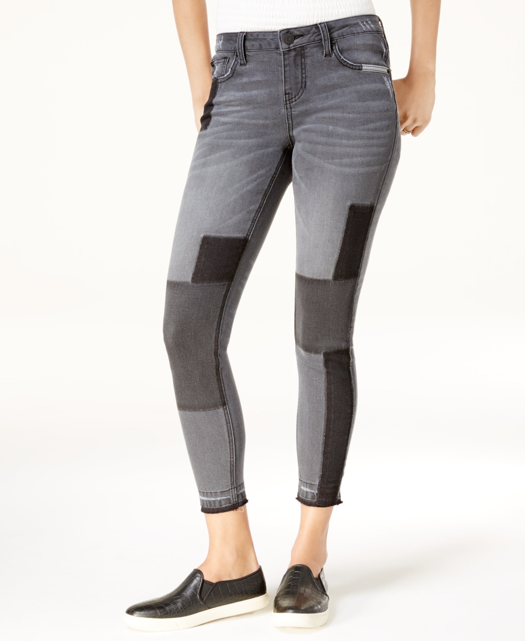 Rampage Juniors Patchwork Raw Hem Skinny Jeans