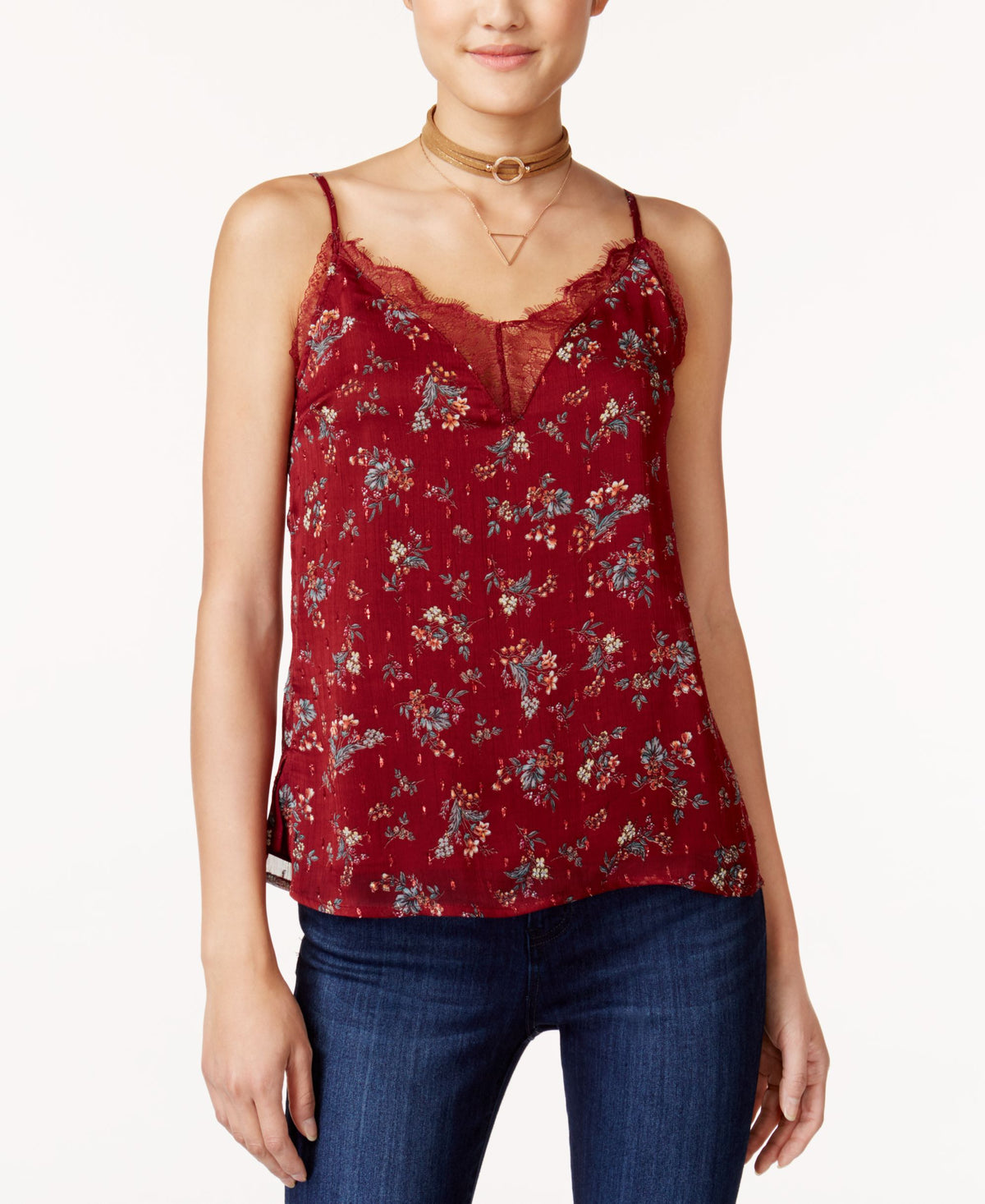 One Hart Juniors' Printed Lace-Trim Cami Top