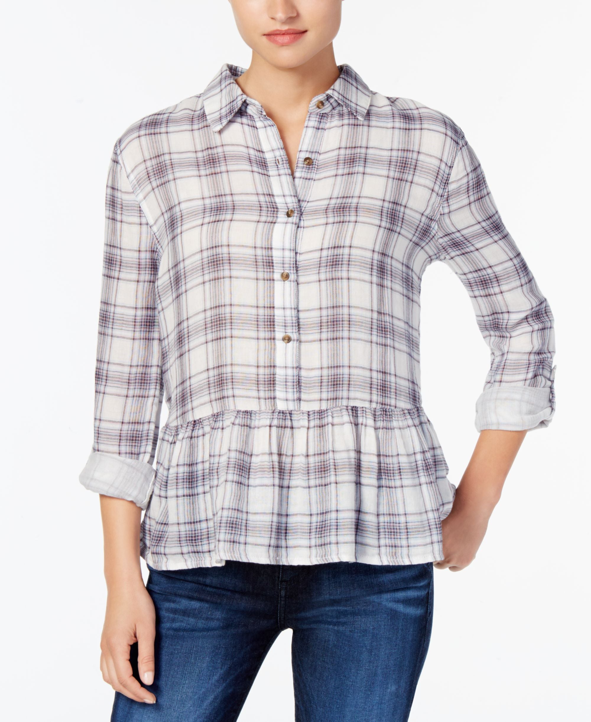 Buffalo David Bitton Wendy Cotton Plaid Peplum Shirt