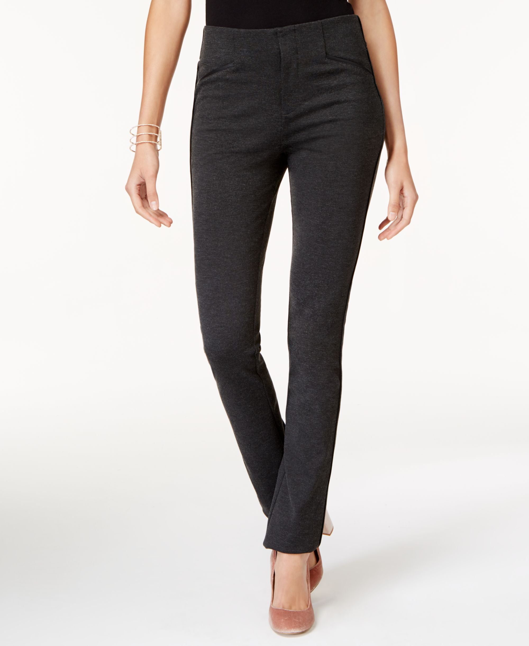 I.N.C. Faux-Leather-Trim Straight-Fit Pants