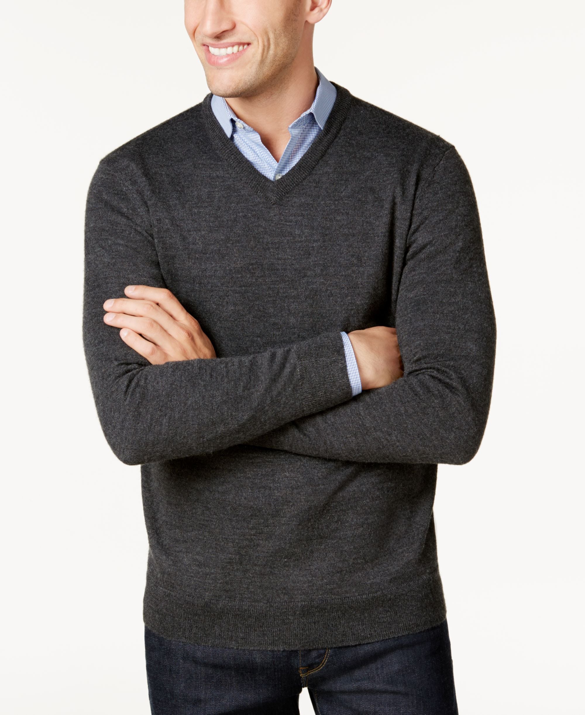 Men's Solid V-Neck Merino Wool Blend Sweater