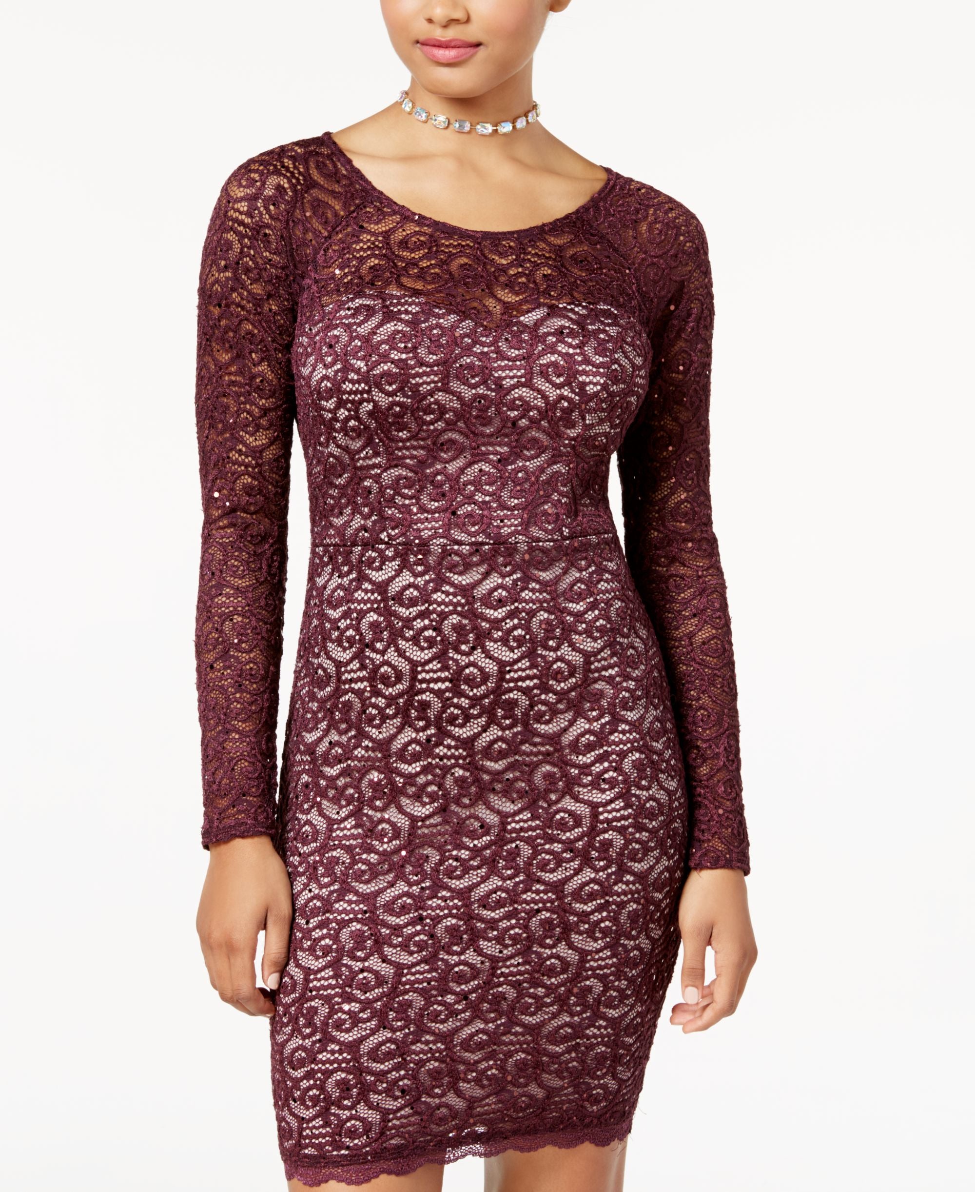 Sequin Hearts Juniors Lace Up Back Sequined Lace Bodycon Dress