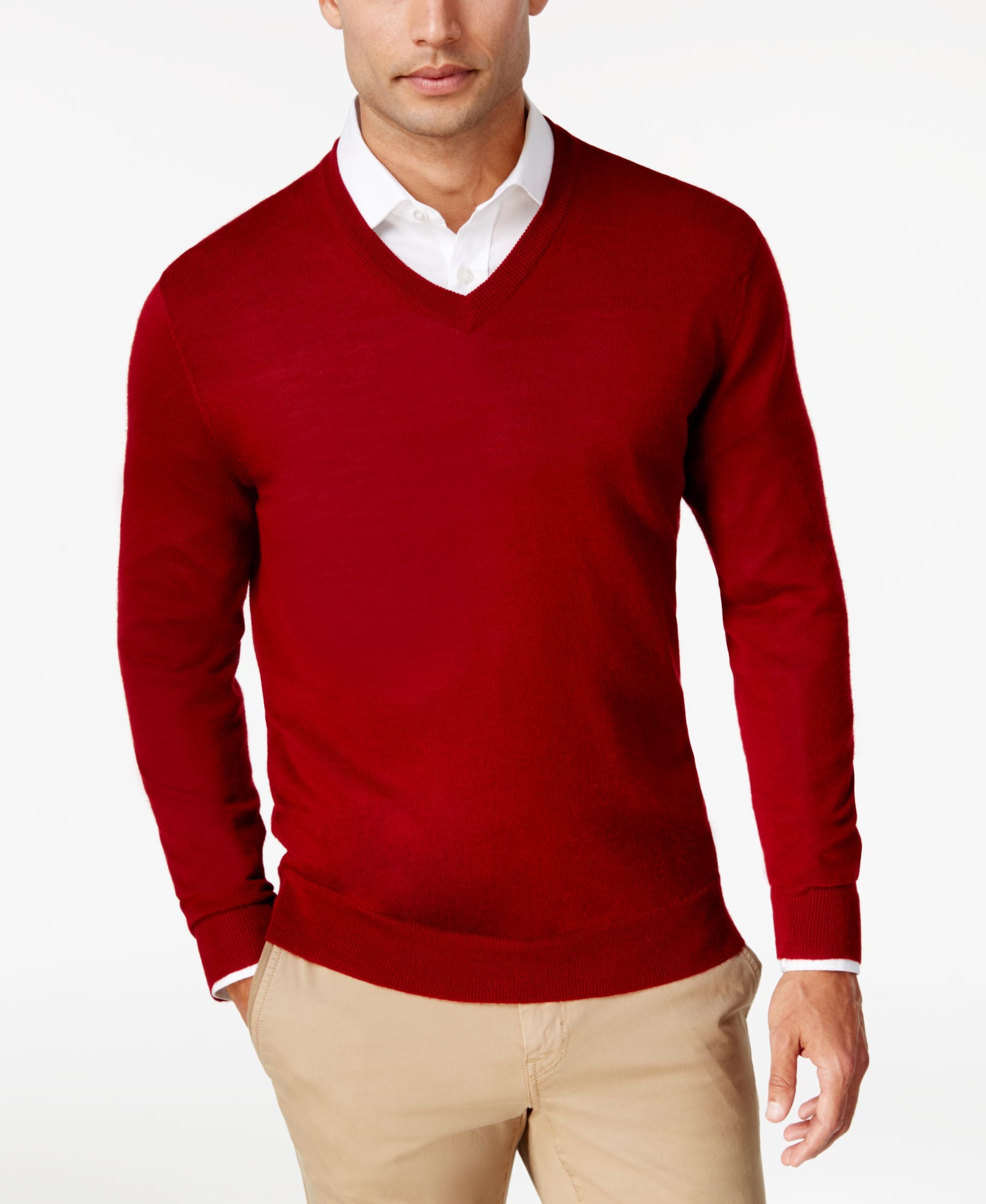 Men's Solid V-Neck Merino Wool Blend Sweater