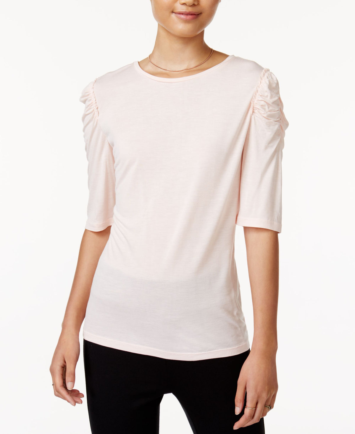 BAR III Crew Neck Ruched Shoulder Top