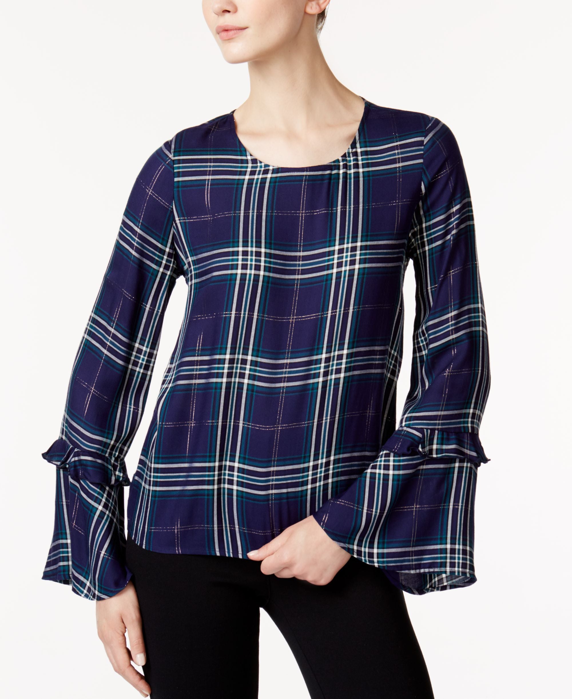 Maison Jules Plaid Bell Sleeve Top