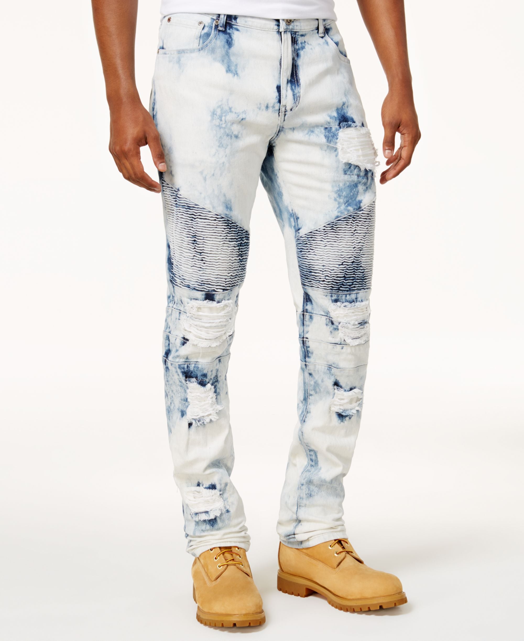 Reason Mens Bleached Ripped Moto Jeans