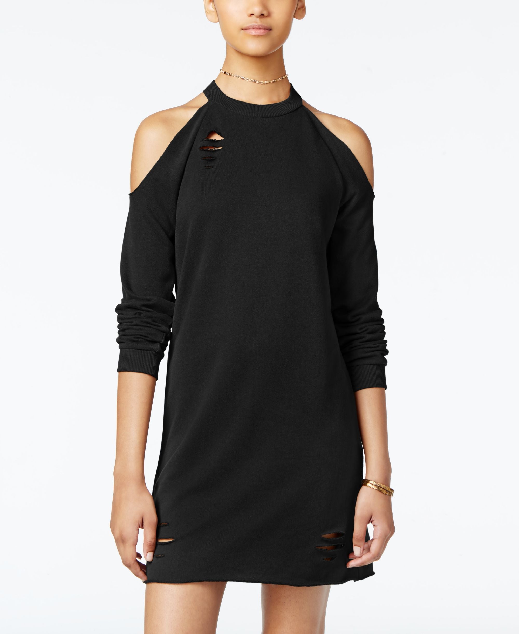 Planet Gold Juniors Ripped Raw Edge Cold Shoulder Sweatshirt Dress