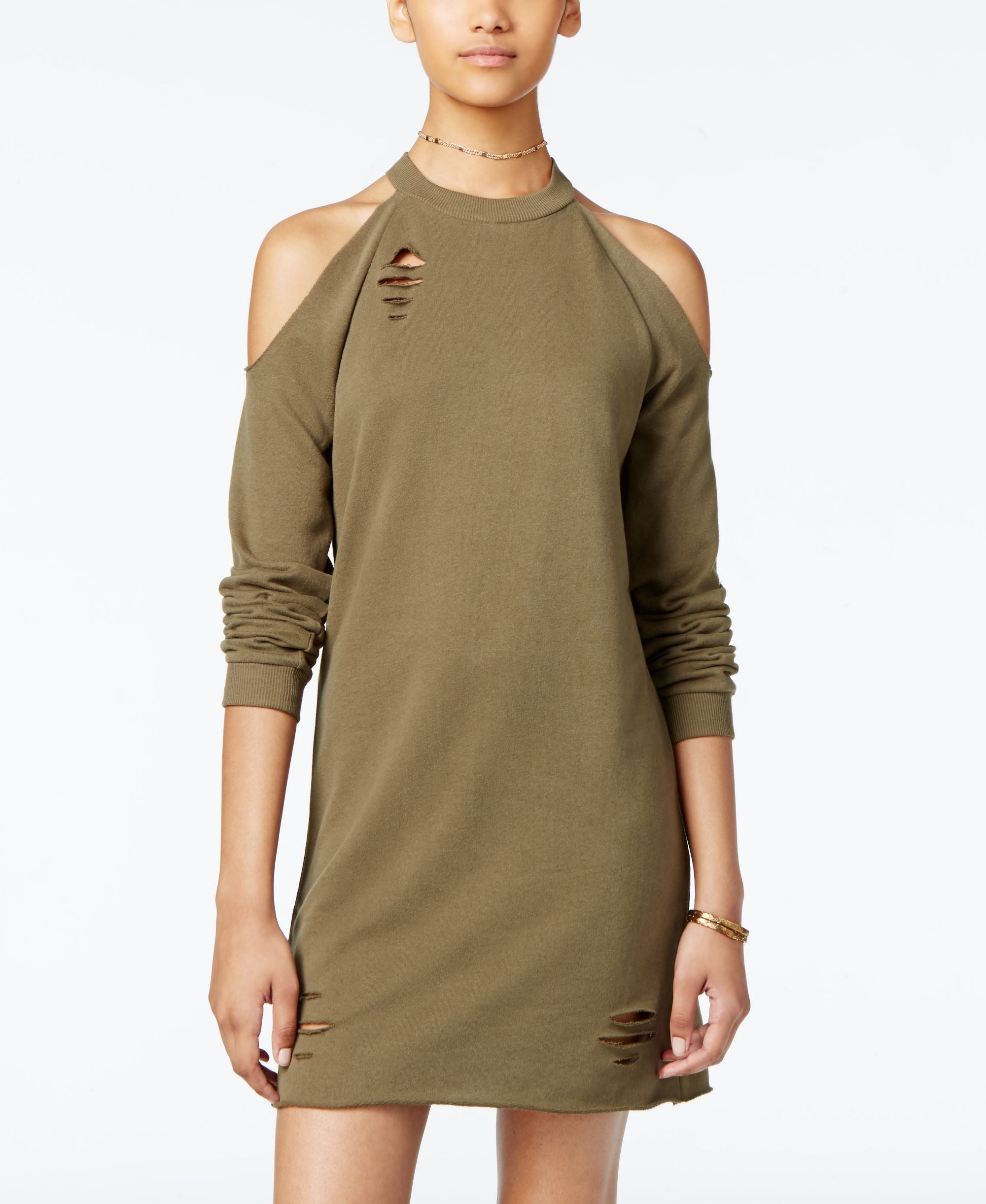 Planet Gold Juniors Ripped Raw Edge Cold Shoulder Sweatshirt Dress