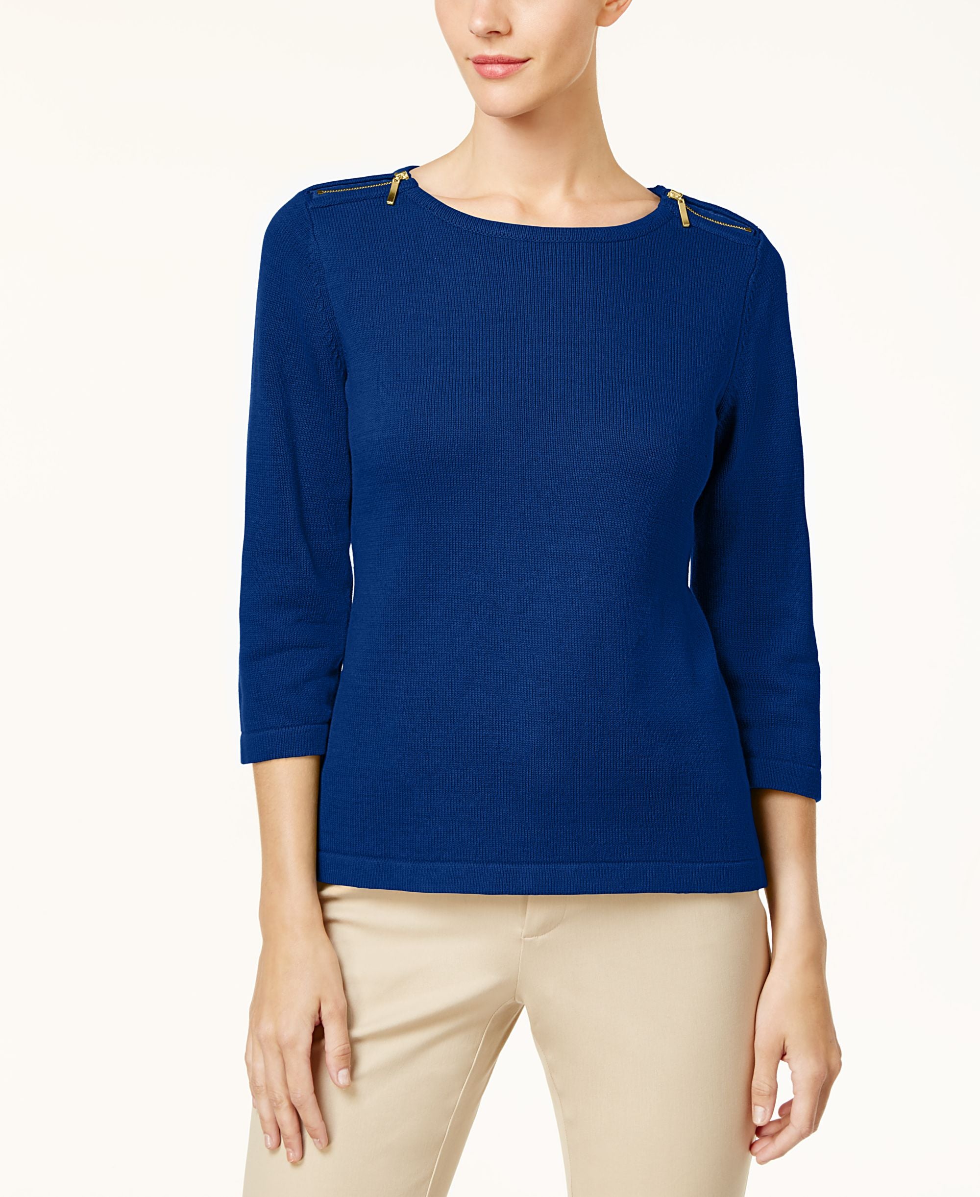Karen Scott Cotton Zip Shoulder Sweater