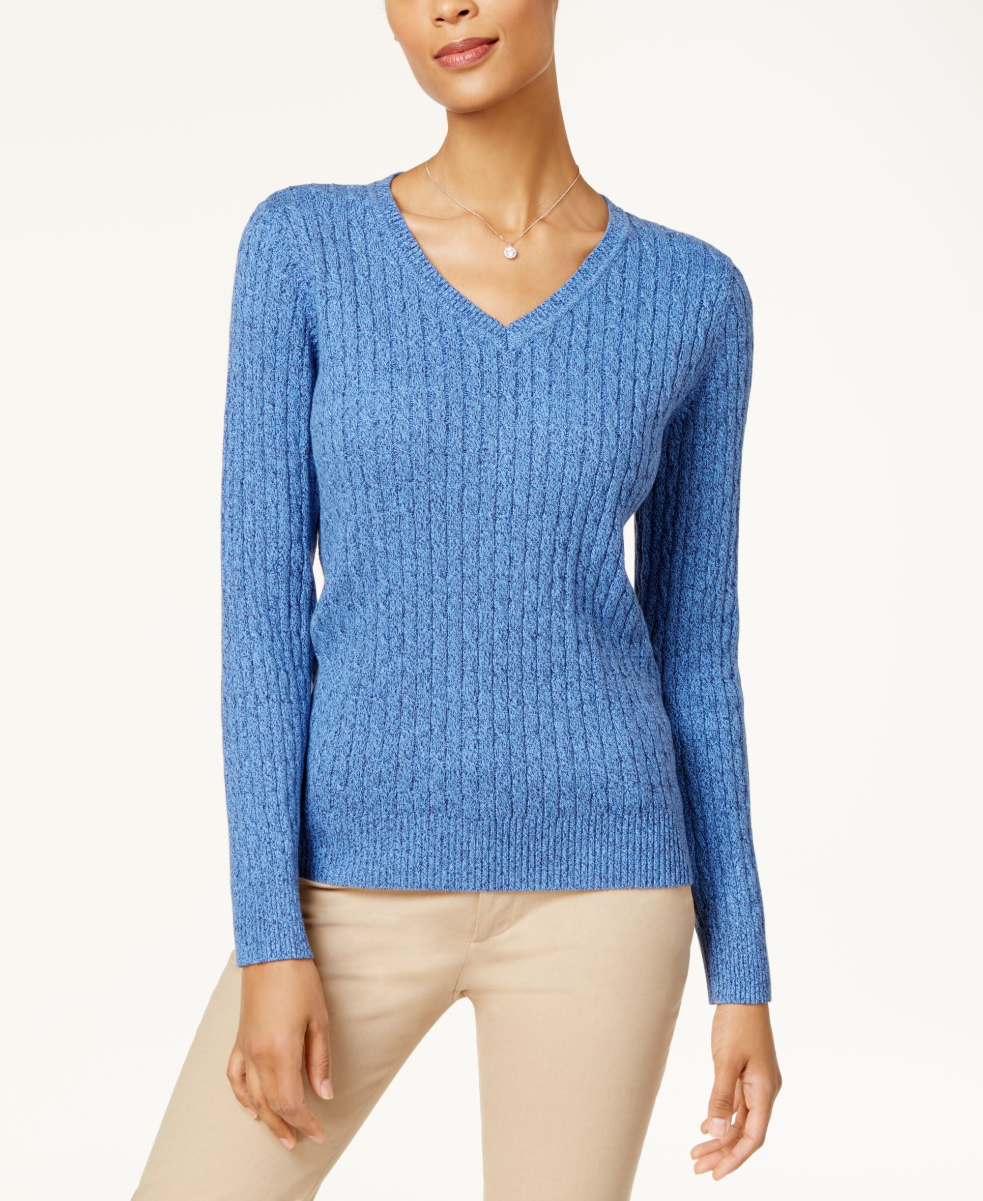 Karen Scott Cotton V Neck Cable Knit Sweater
