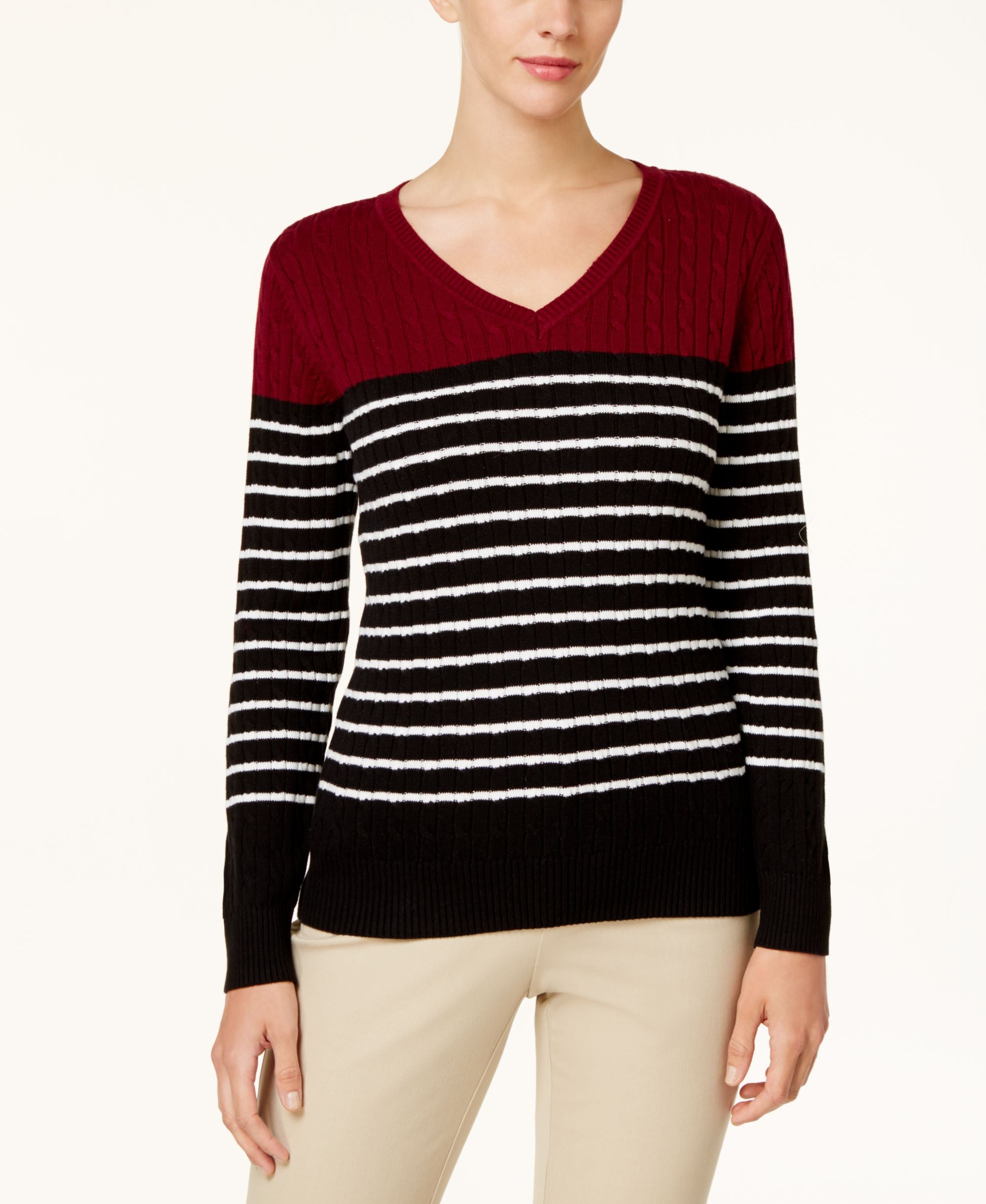Karen Scott Cotton Colorblocked Cable Knit Sweater
