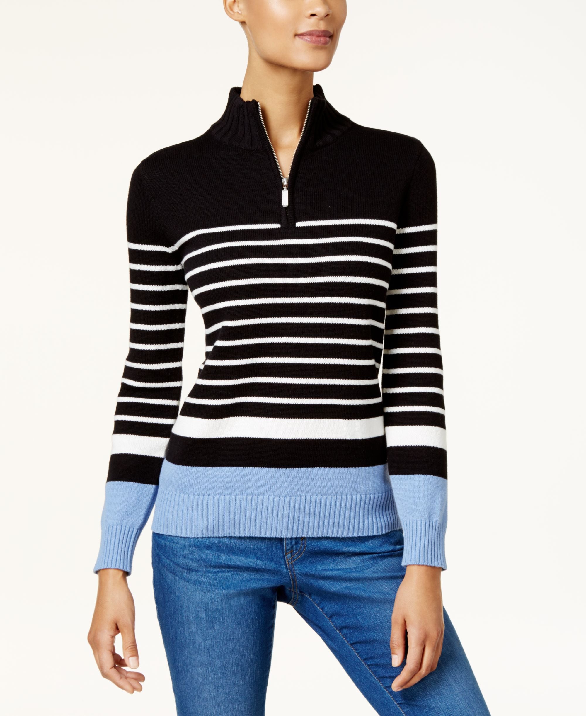 Karen Scott Cotton Striped Zip Up Sweater