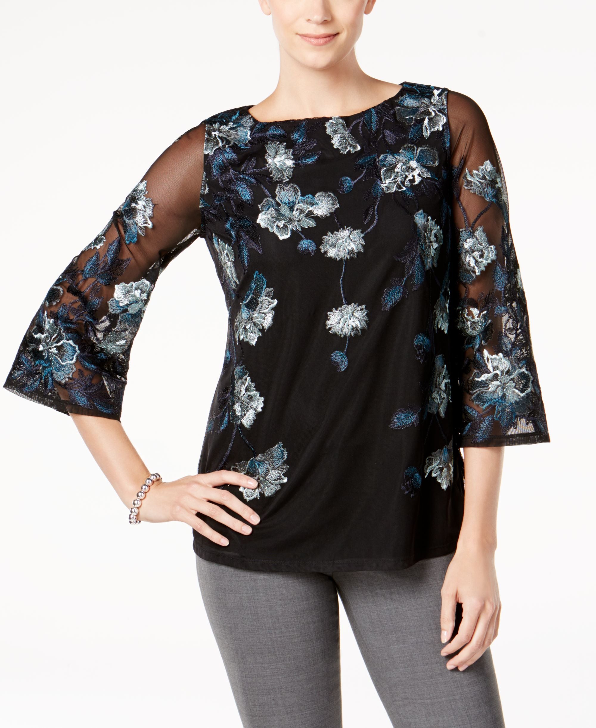 Charter Club Embroidered Floral Mesh Top