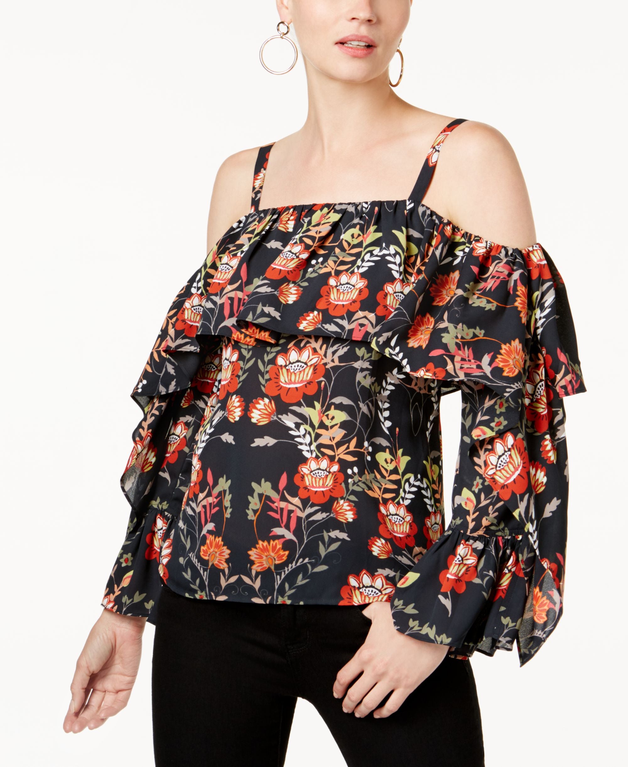 INC International Concepts Ruffled Cold Shoulder Top