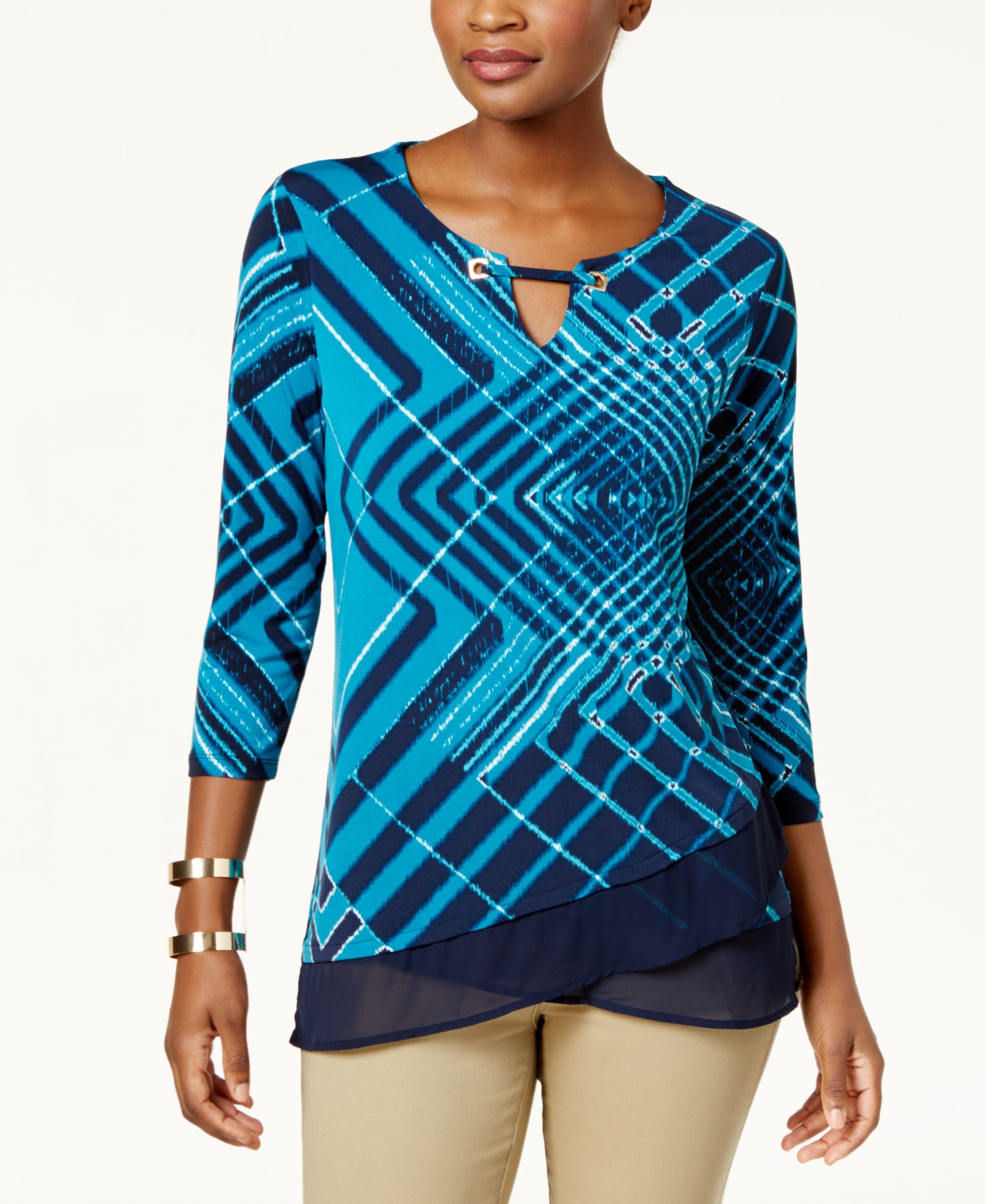 JM Collection Printed Keyhole Chiffon Hem Tunic