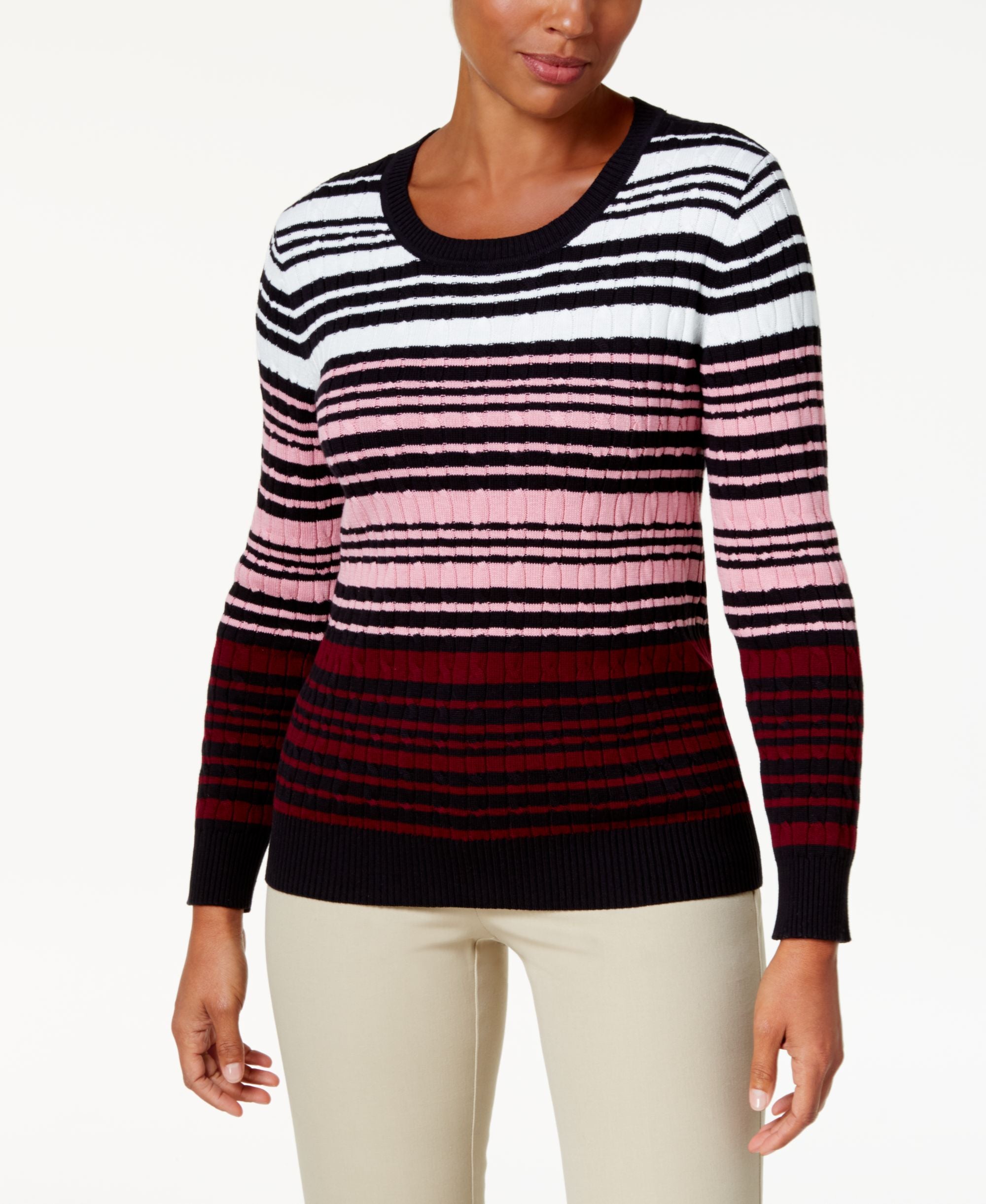 Karen Scott Cotton Striped Cable Knit Sweater