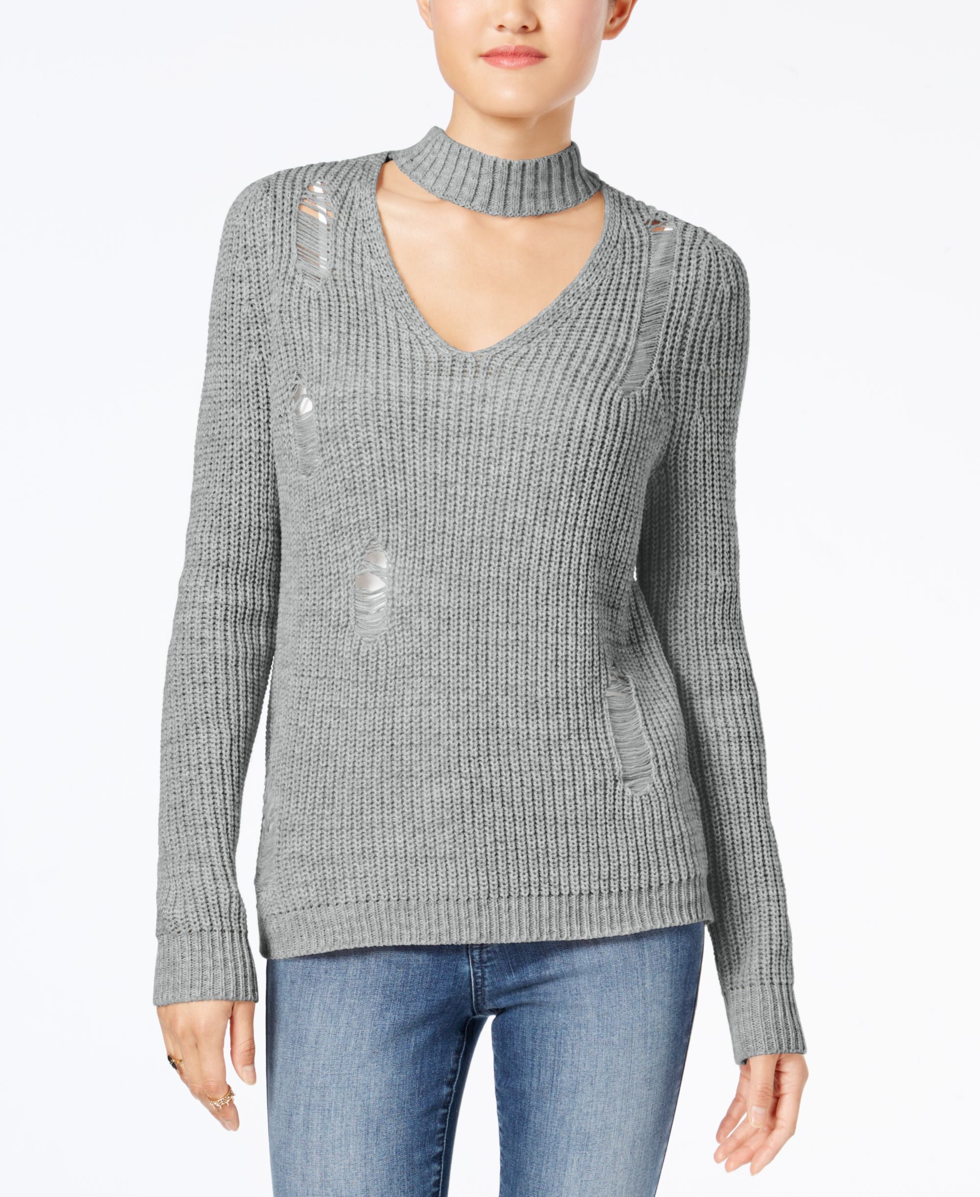 Crave Fame Juniors Ripped Choker Sweater By Almost Famous