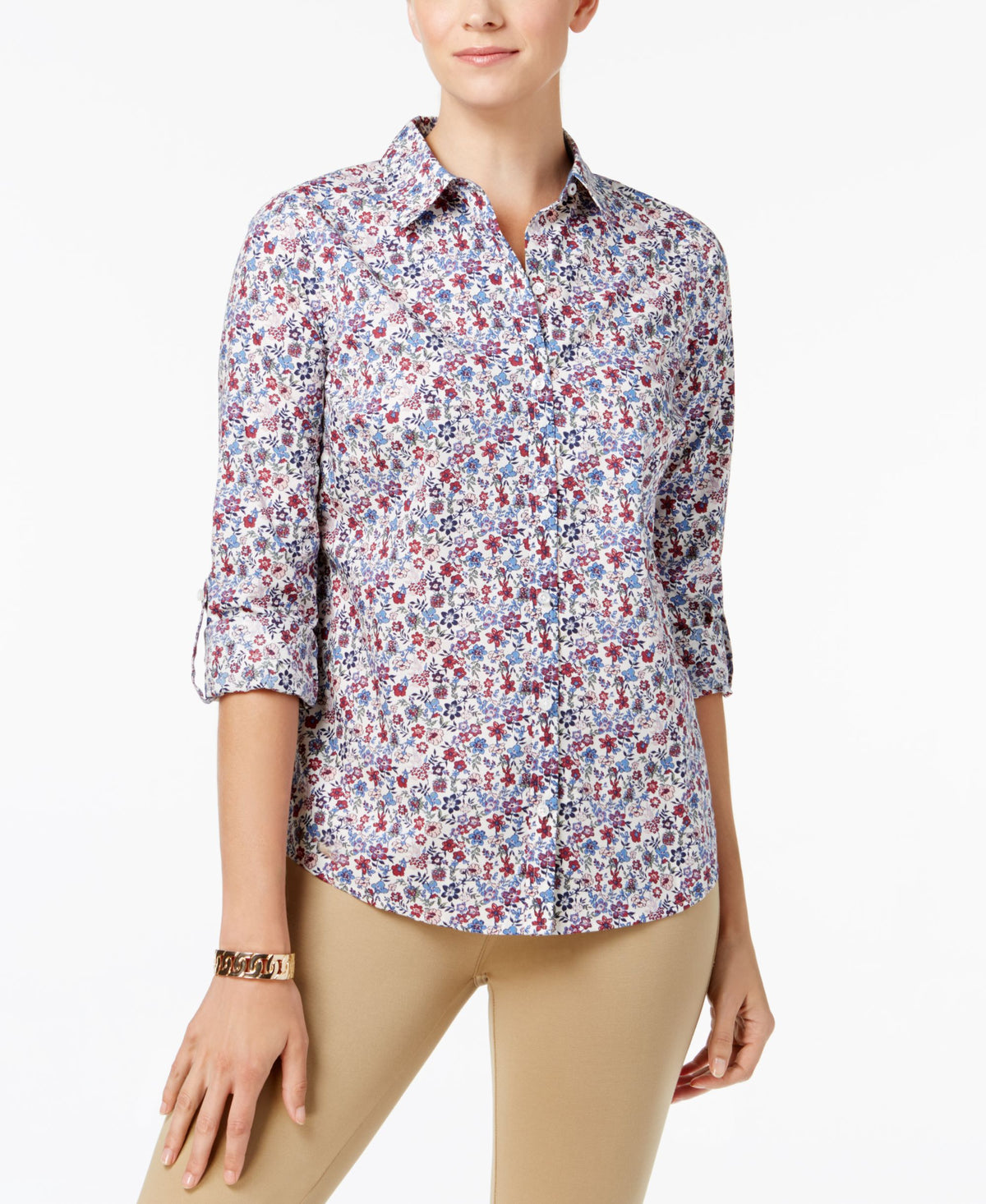 Charter Club Roll Tab Print Shirt