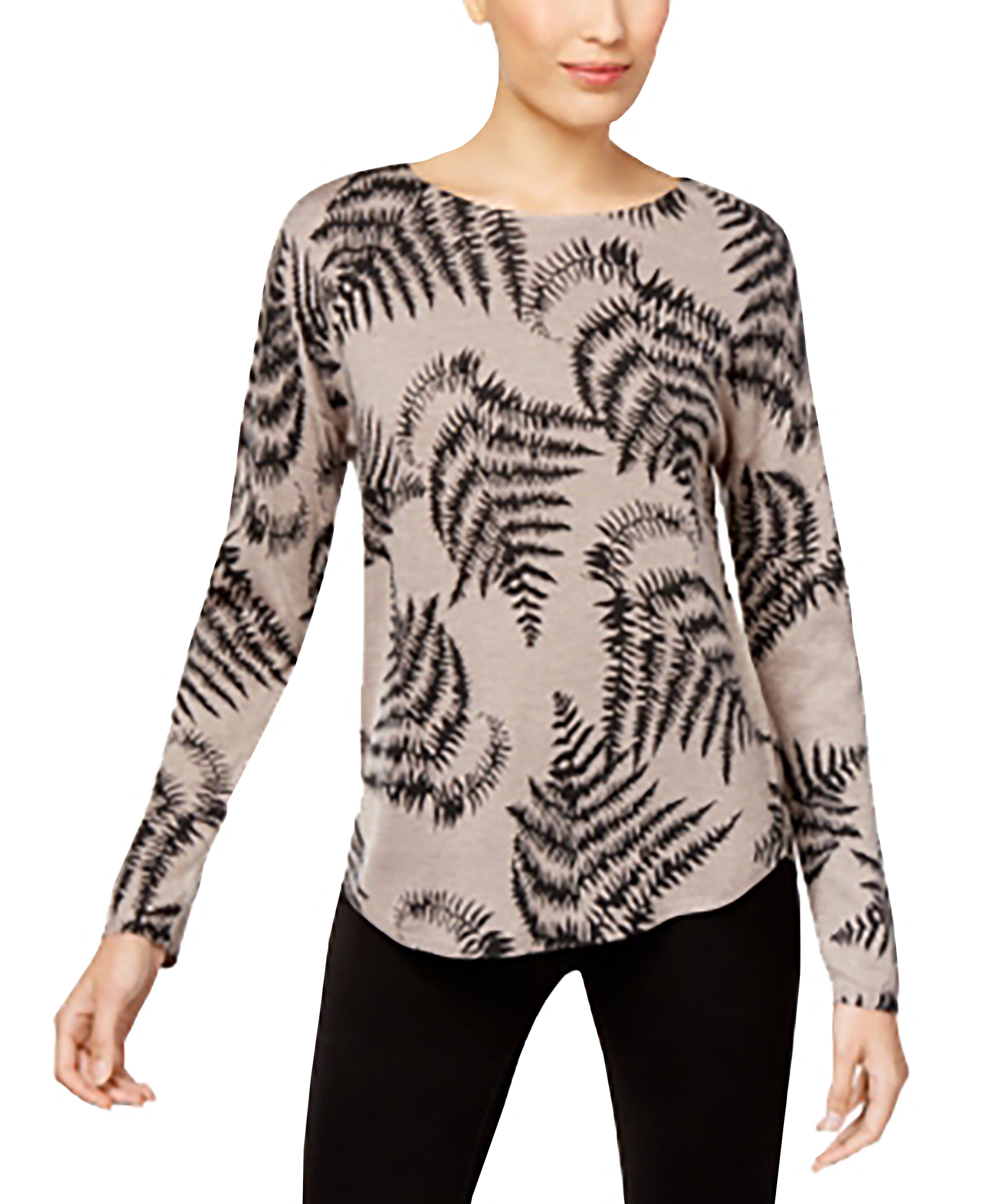 Olivia & Grace Womens Cashmere Blend Printed Pullover Sweater Lint Heather Ferns S