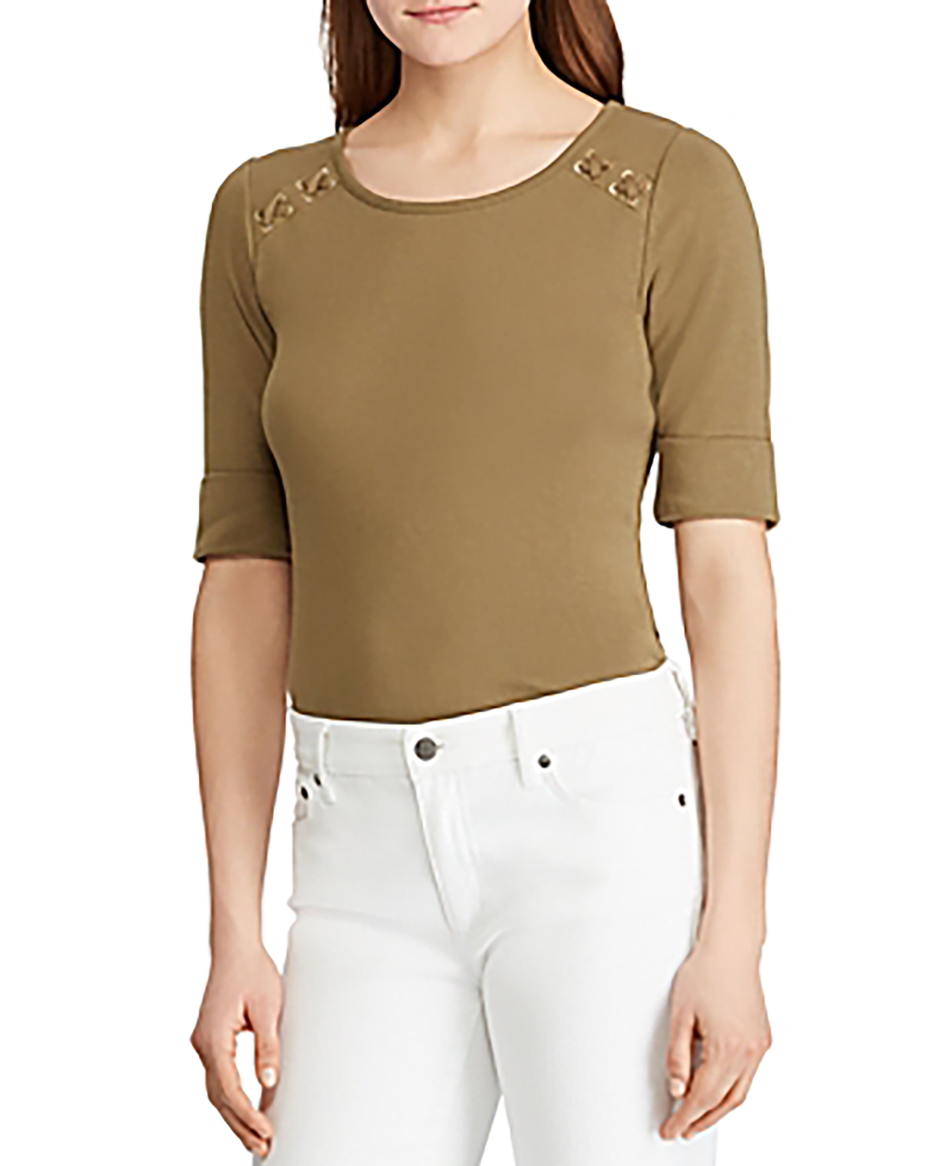 Ralph Lauren Womens Cuffed Jewel Neck Top Olive XL