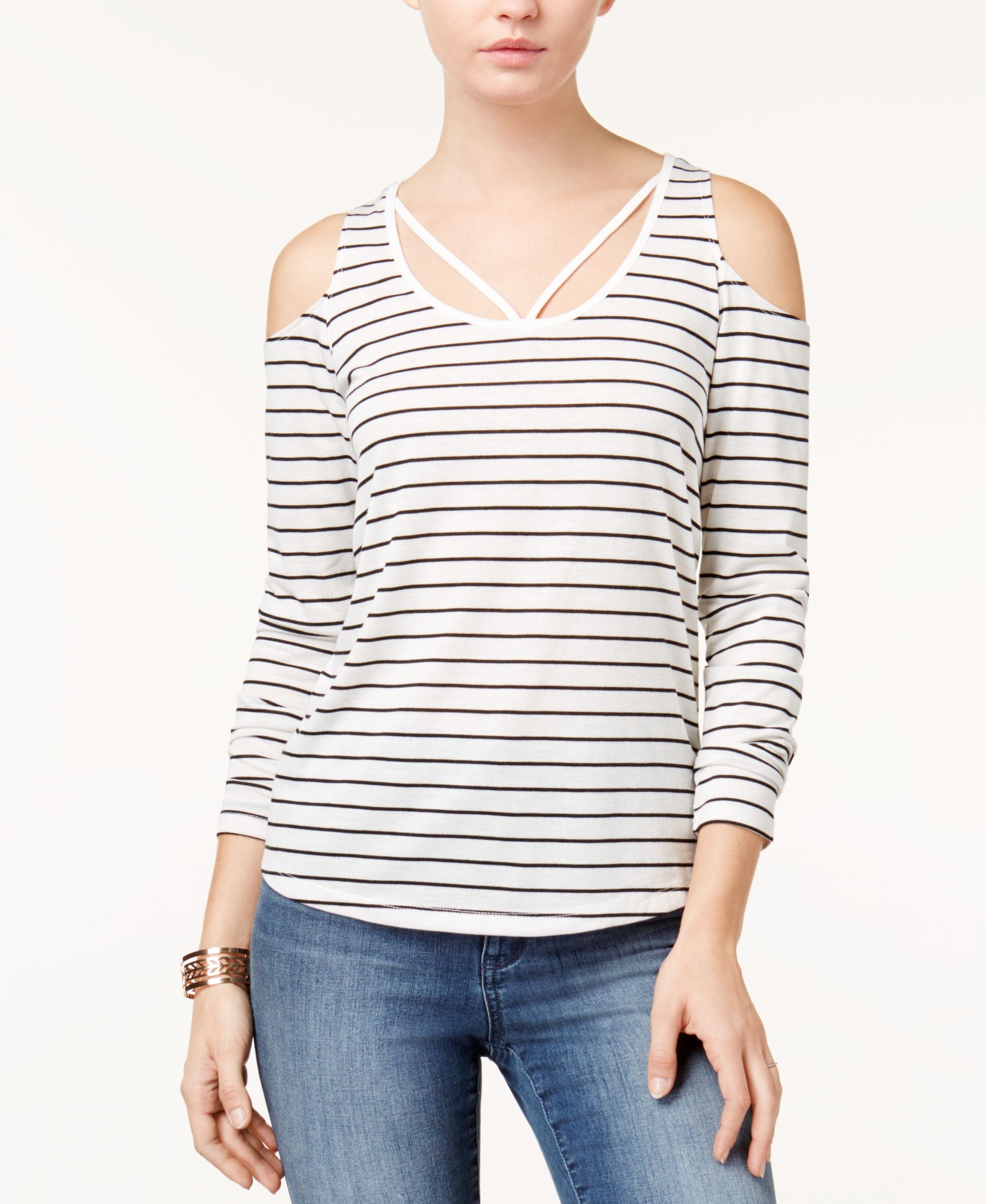 Planet Gold Juniors Strap Detail Cold Shoulder Striped Top