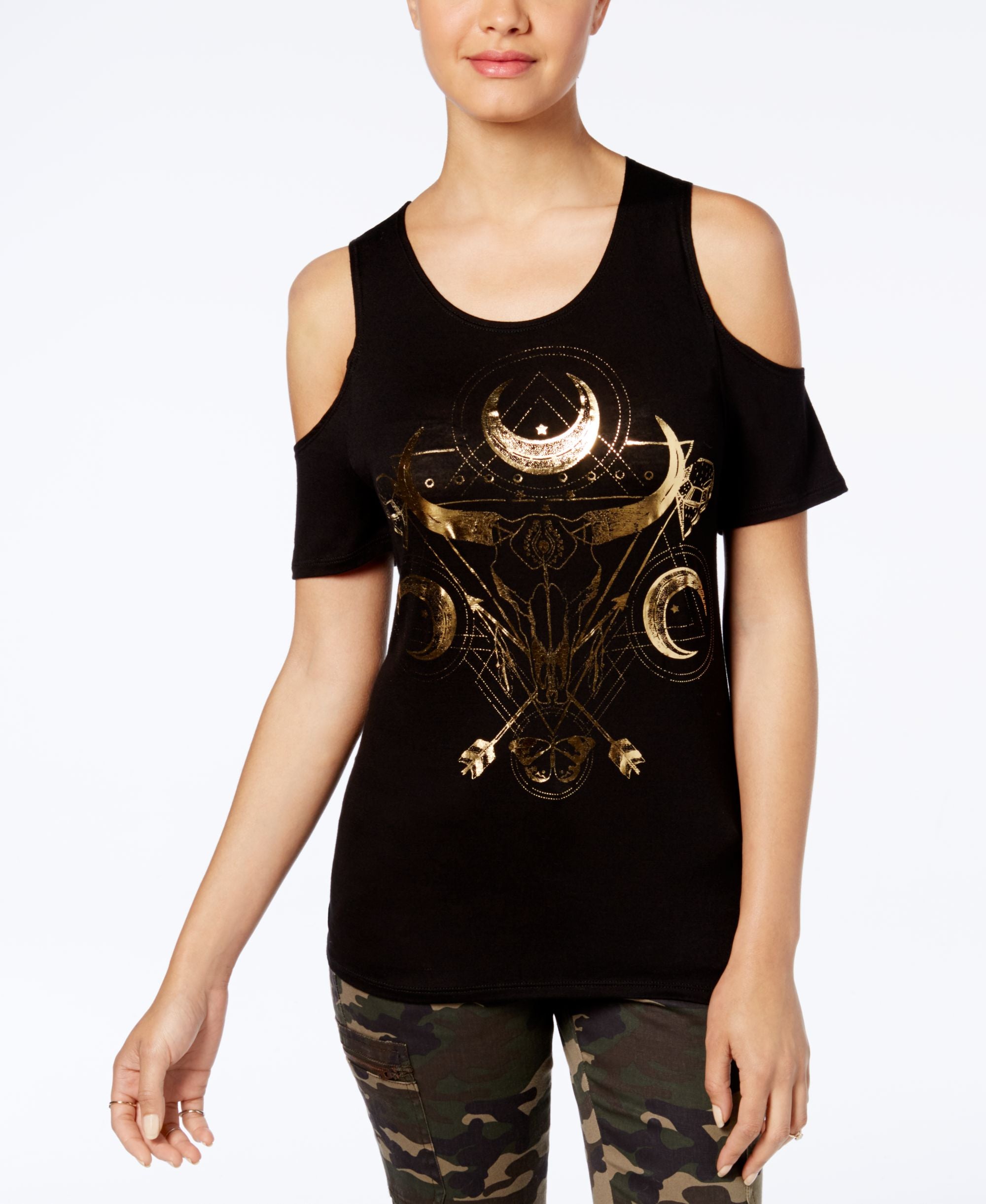 Juniors' Moon Graphic Cold-Shoulder T-Shirt